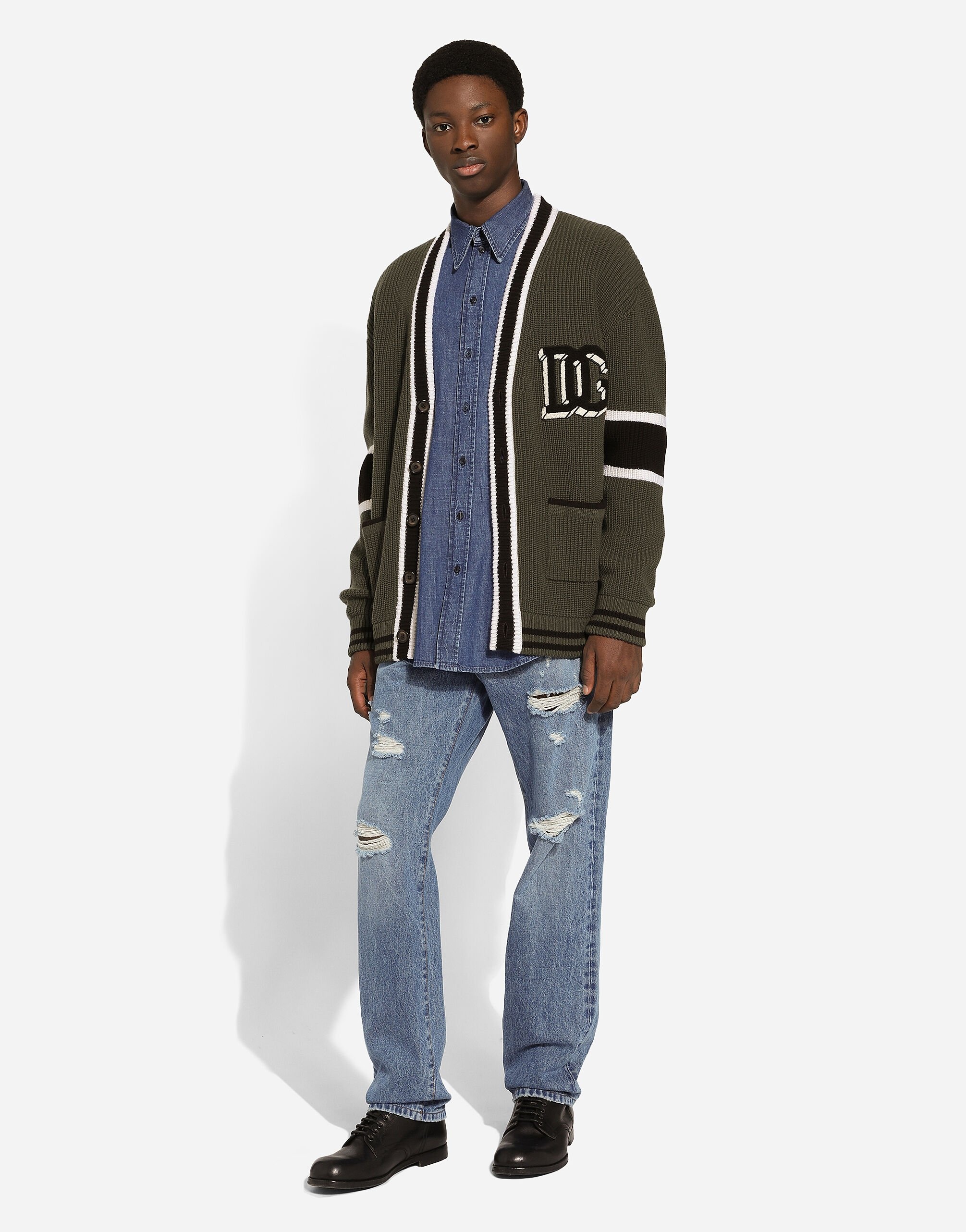 Wool fisherman’s rib-knit cardigan with DG logo patch - 5