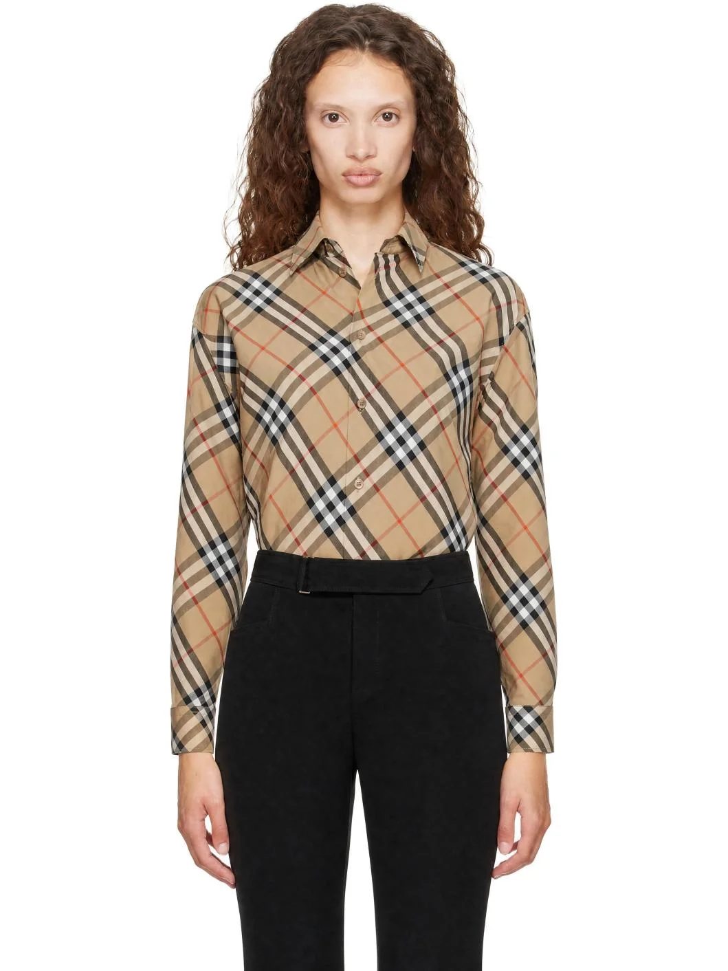 Beige Relaxed Fit Check Cotton Poplin Shirt - 1