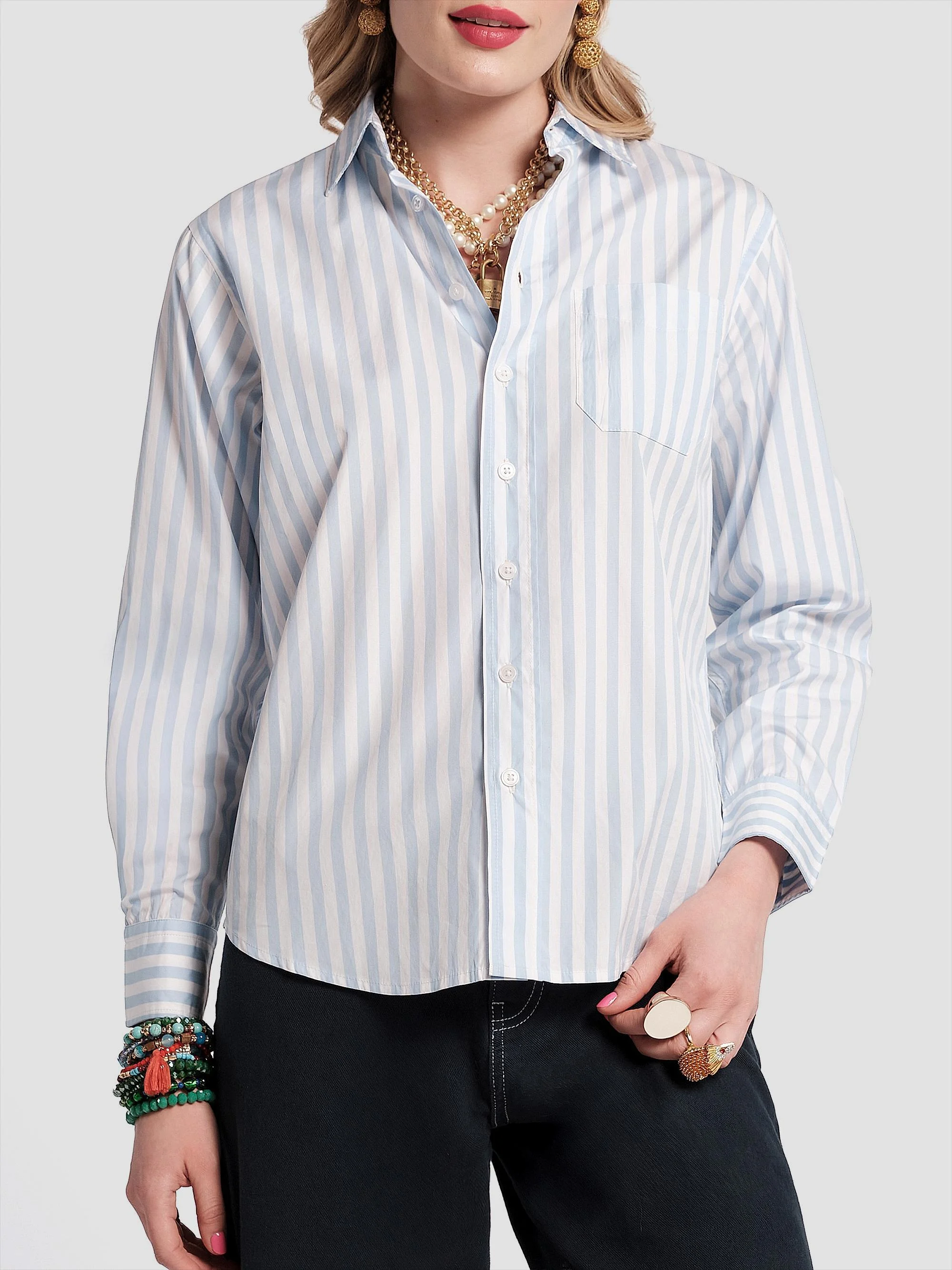 Women's Perfect Striped Poplin Cotton Shirt - Oyster Light Blue - 1