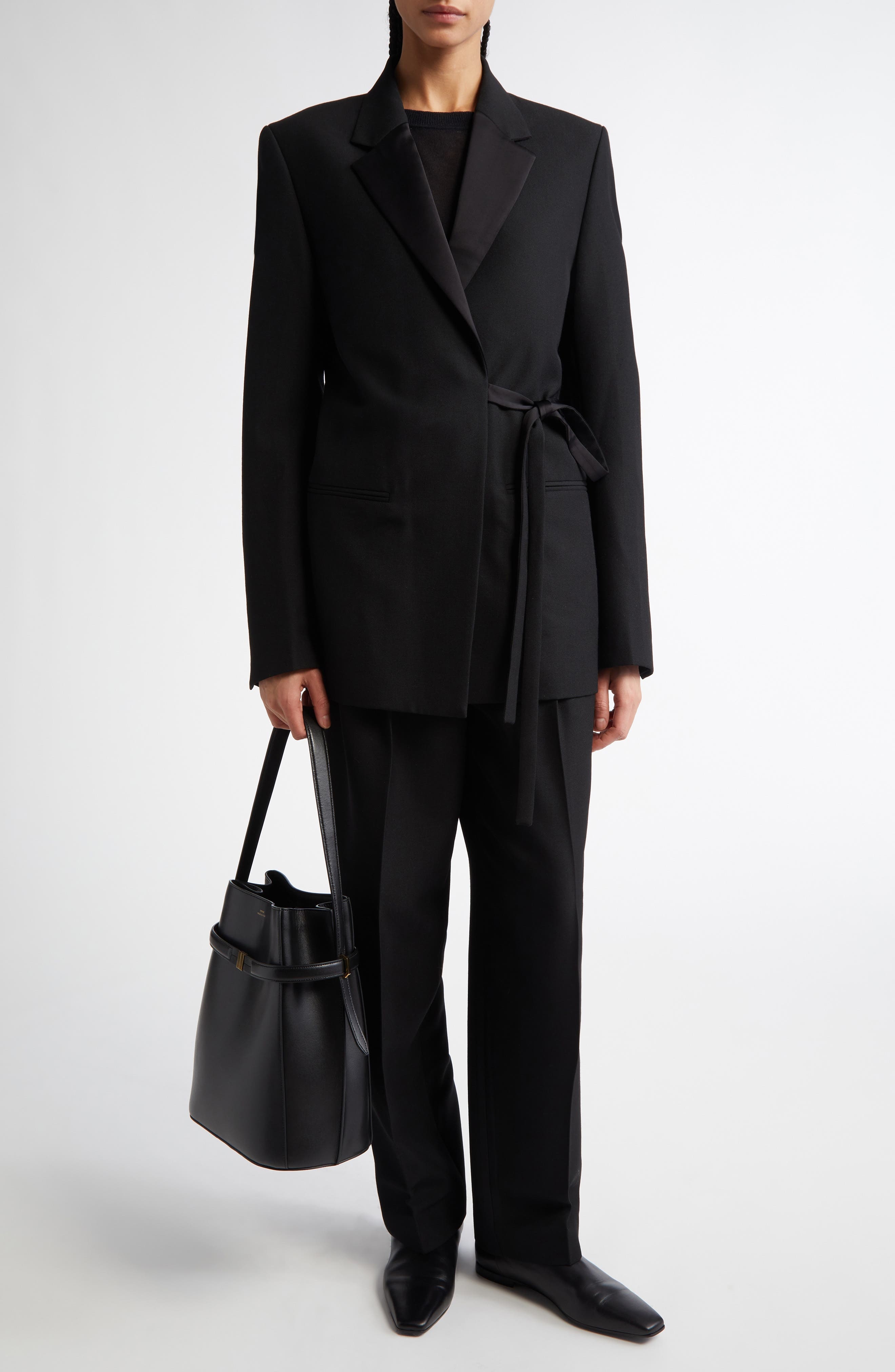 TOTEME Satin Lapel Recycled Polyester & Wool Wrap Blazer in Black at Nordstrom - 2