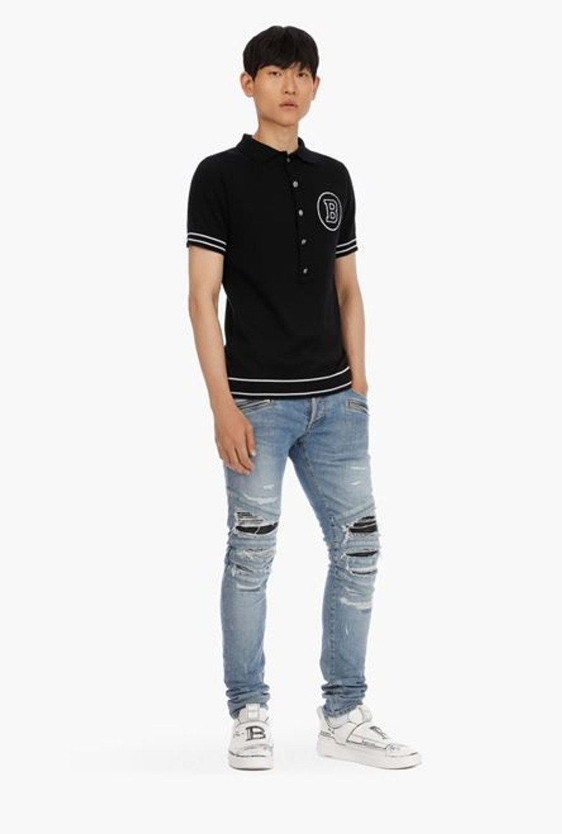 Balmain Slim-cut ripped blue cotton jeans with synthetic leather panels outlook