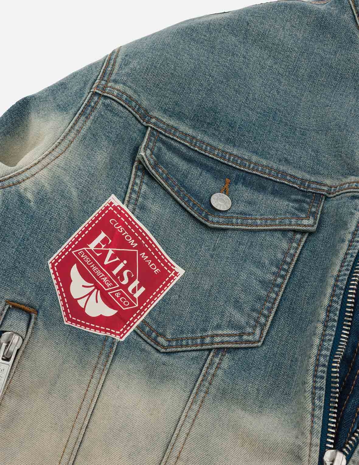 Ebisu Print and Multi-Pocket Loose Fit Biker Denim Jacket - 8