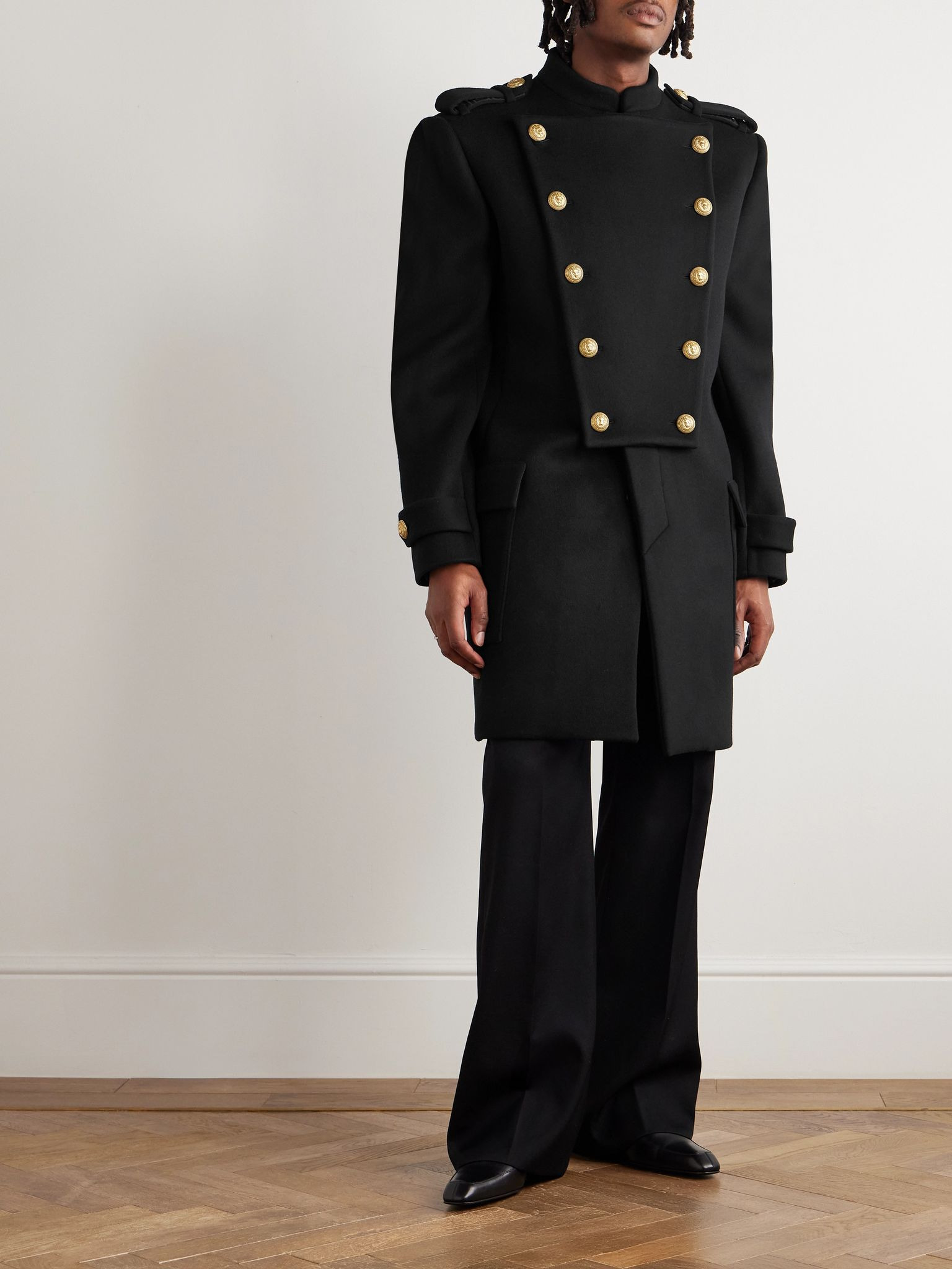 Double-Breasted Embellished Wool and Cashmere-Blend Coat Black - 2