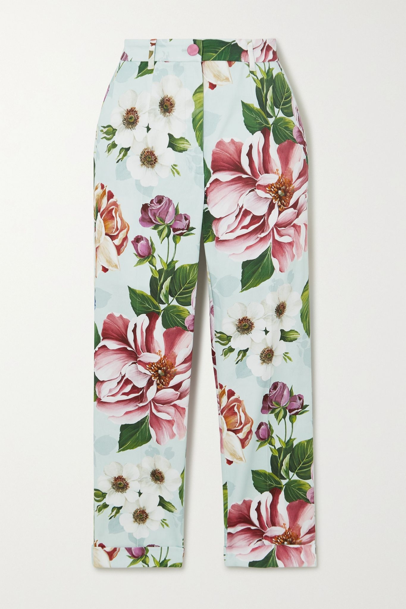 Cropped floral-print cotton-blend twill slim-leg pants - 1