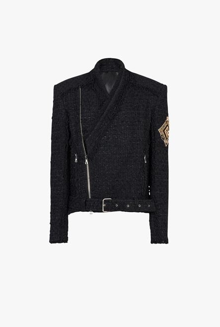 Black tweed jacket with gold-tone Balmain badge - 1