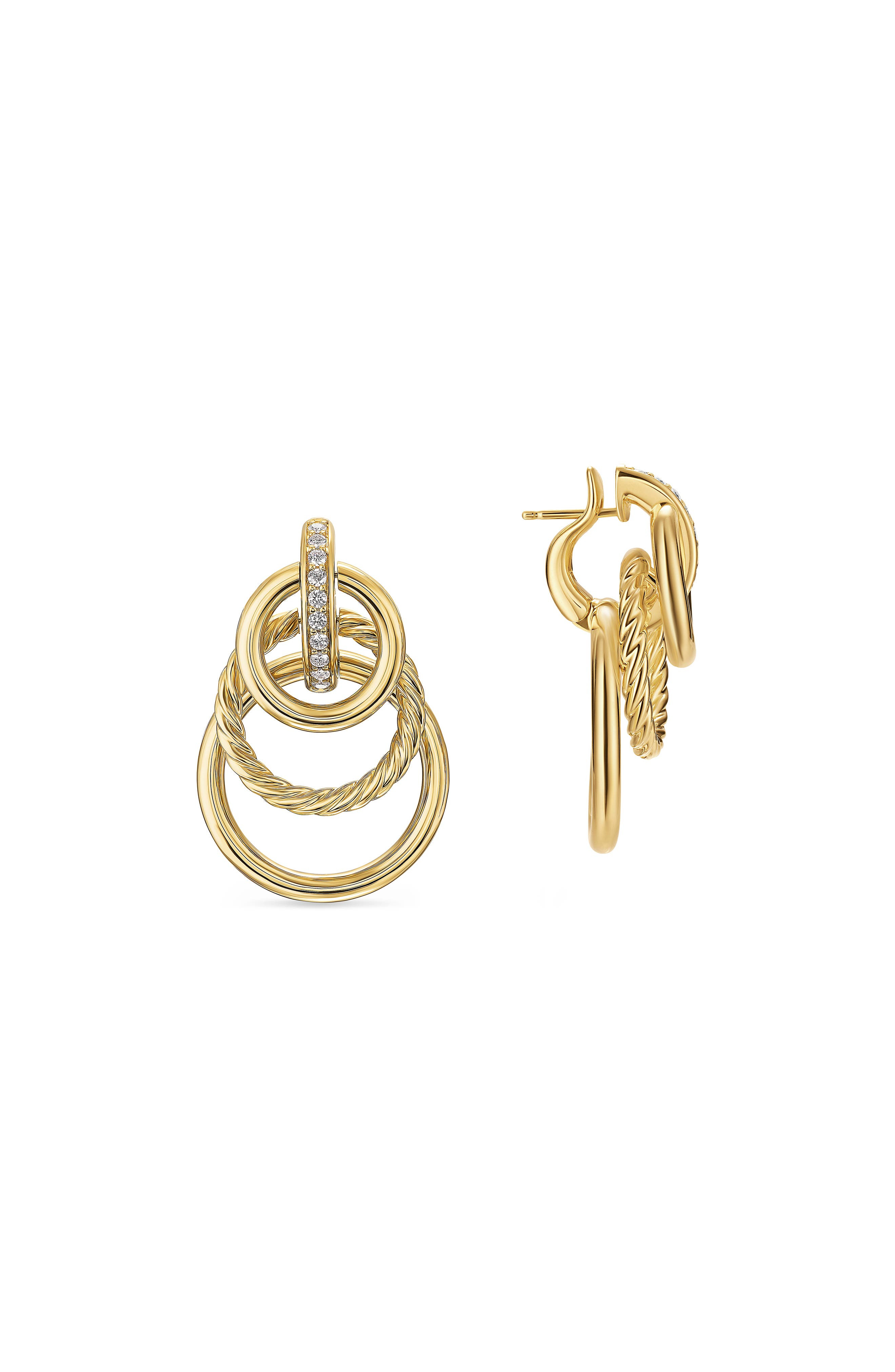 David Yurman Mercer® Triple Ring Drop Earrings in 18K Yellow Gold with Diamonds, 35.6mm in Gold/Diam - 4
