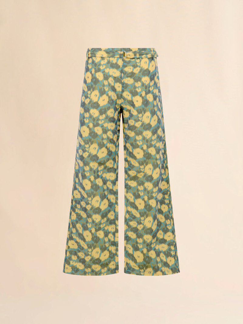GREEN LINEN BLEND TROUSERS WITH FLORAL PRINT 1