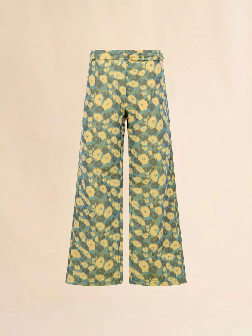 GREEN LINEN BLEND TROUSERS WITH BLURRY FLORAL PRINT - 1