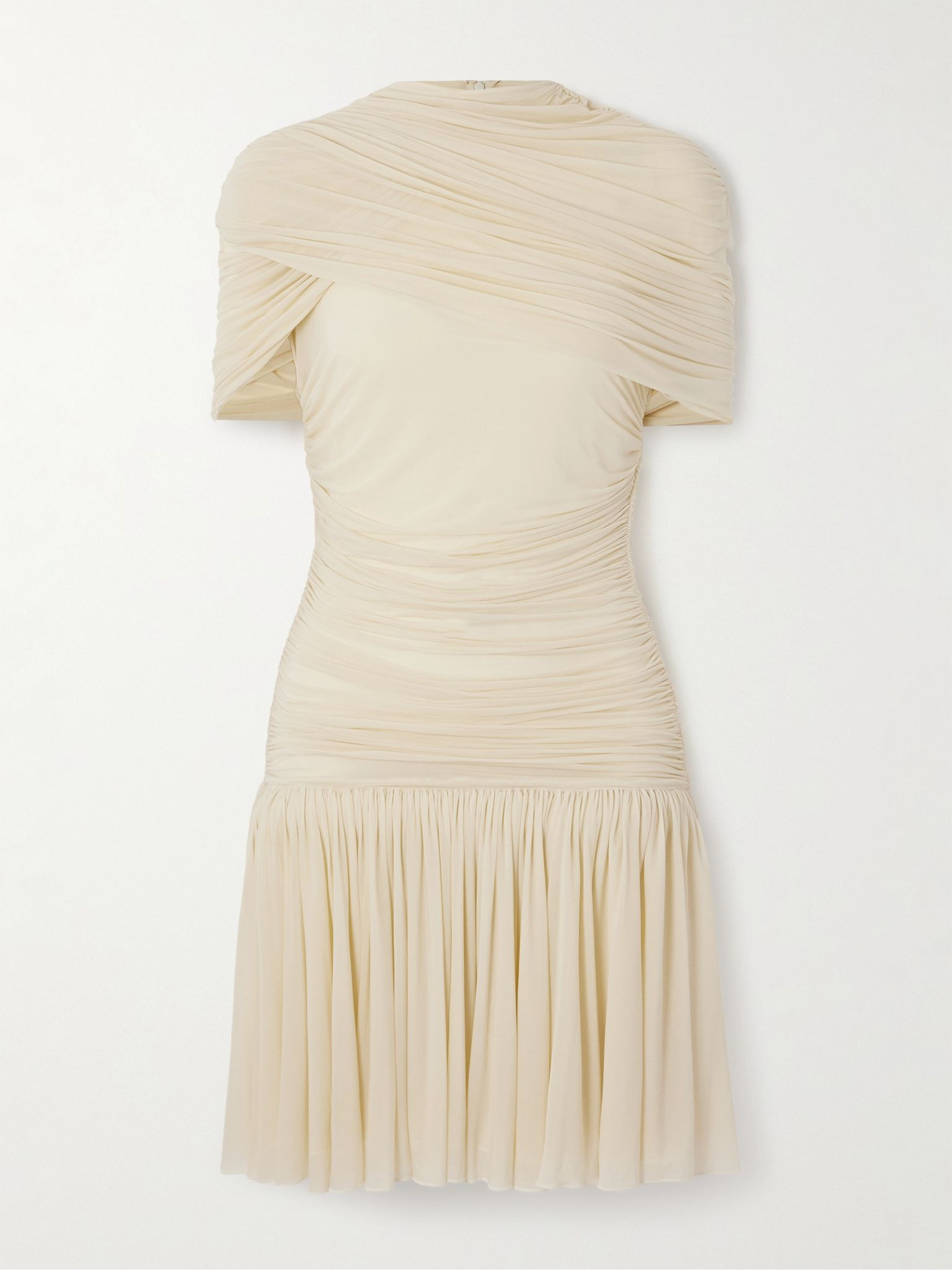 Cape-effect draped ruched jersey mini dress Beige - 1