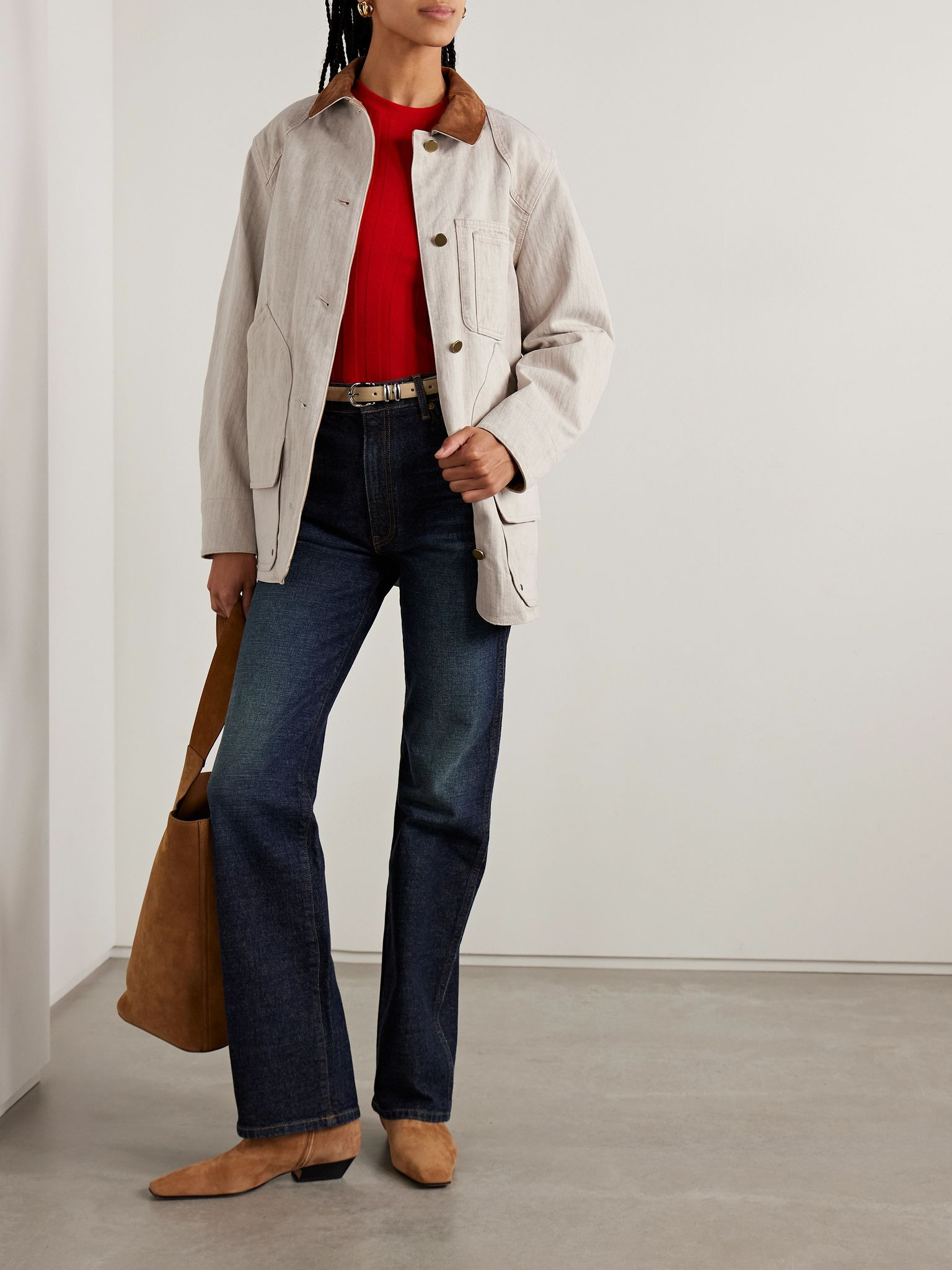 Abbas suede-trimmed herringbone cotton jacket Ecru - 2
