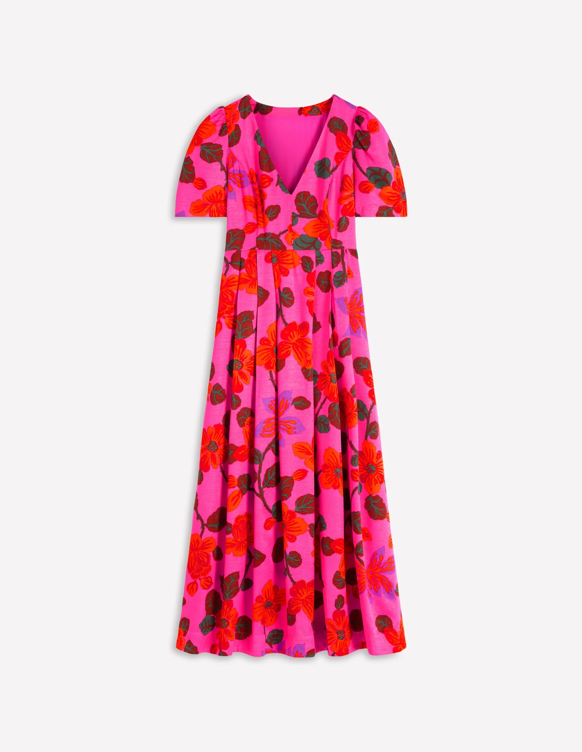 Pleated V-Neck Dress-Pink, Elaborate Blossom - 1