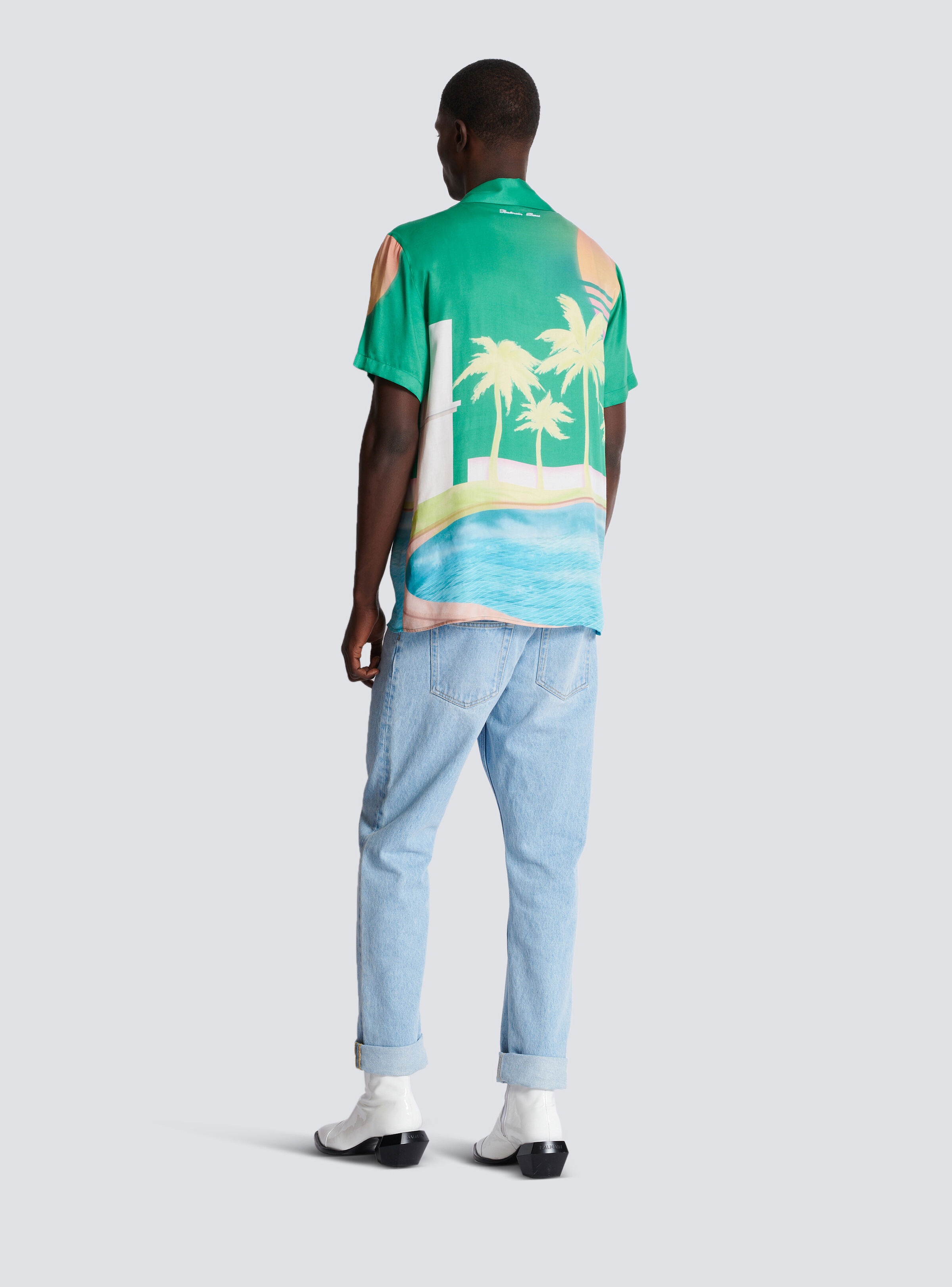 Short-sleeved twill pyjama shirt with palm tree print - 4