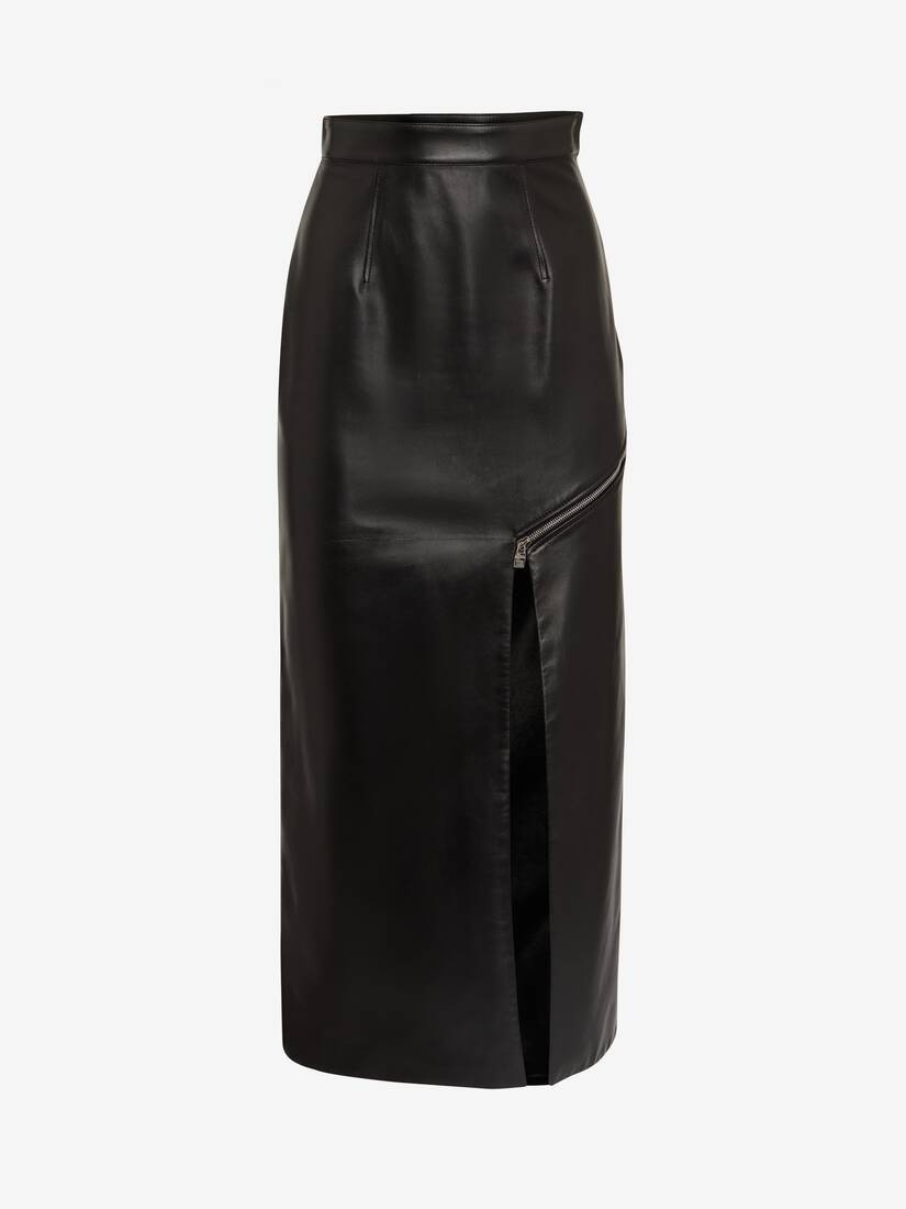 Women's Leather Zip Slash Pencil Skirt in Black - 1