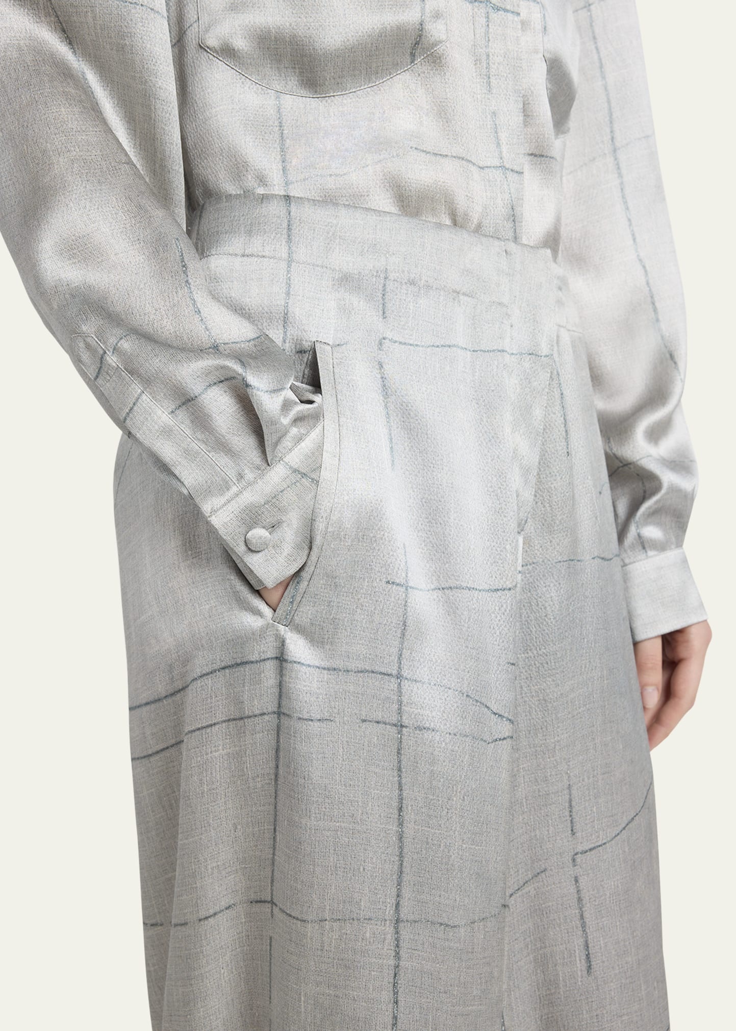 Check Cuffed Wide Leg Silk Trousers - 5
