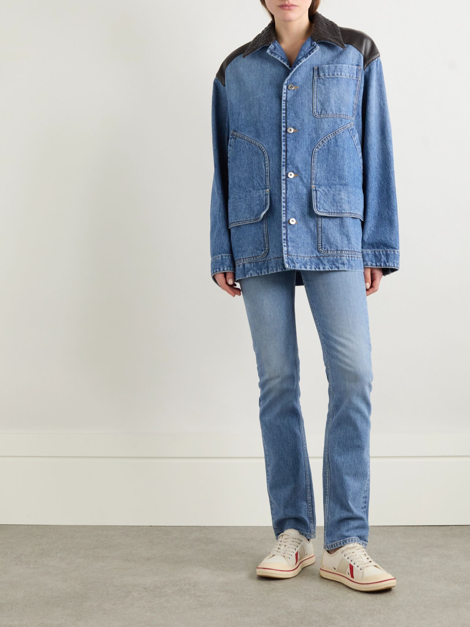 Intrecciato leather-trimmed denim jacket Blue - 2