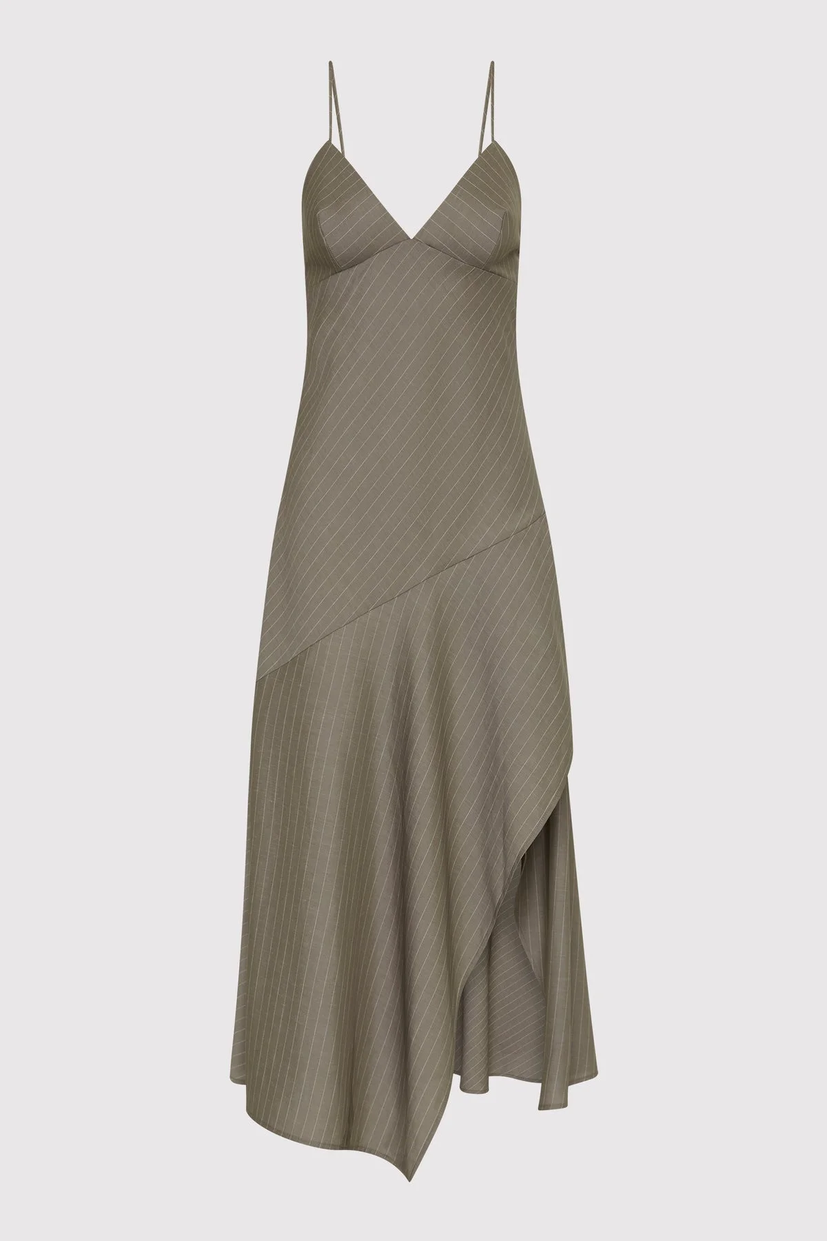 Asymmetric Slip Dress - Khaki Pinstripe - 1