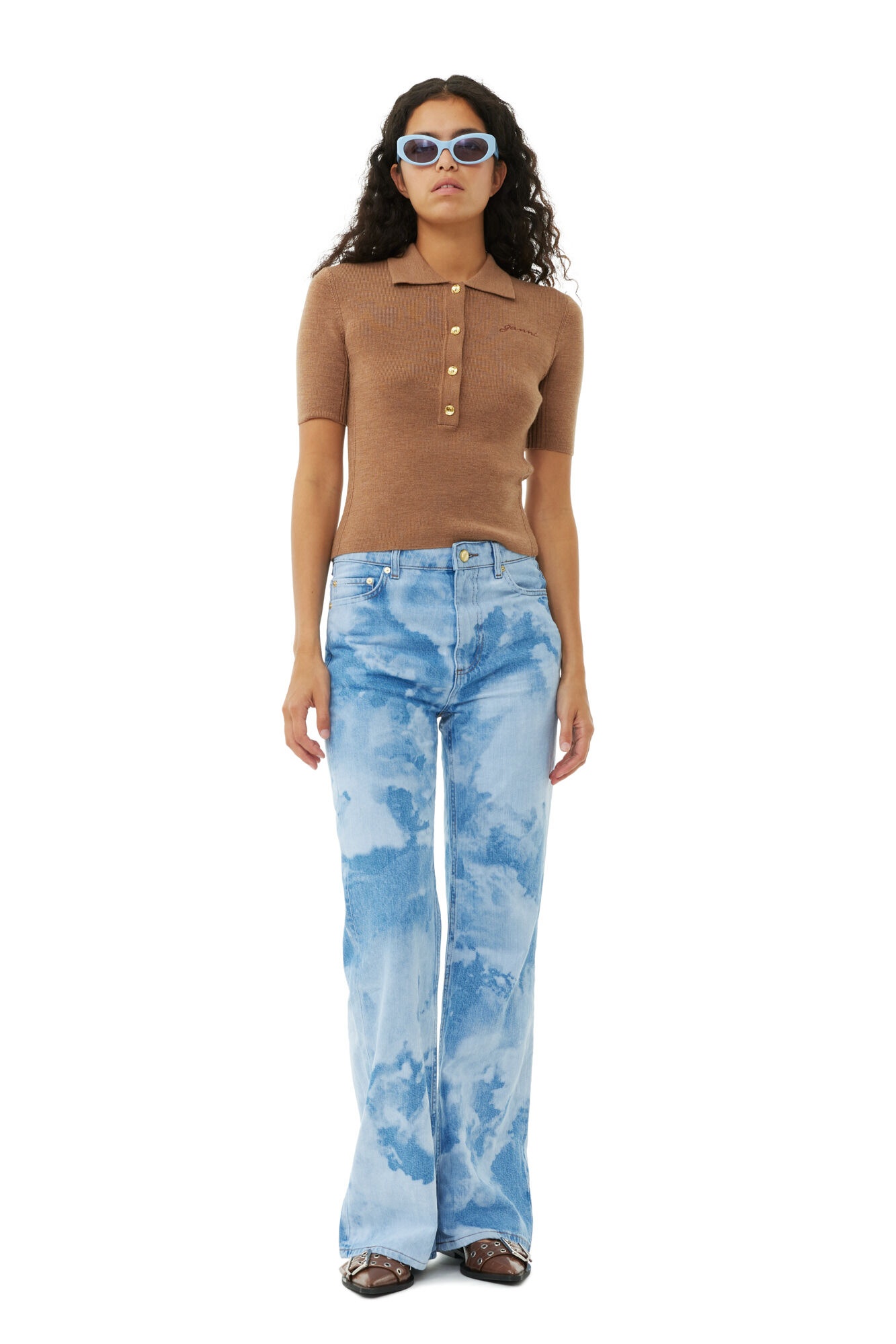 BLUE BLEACH DENIM FLARED JEANS - 3
