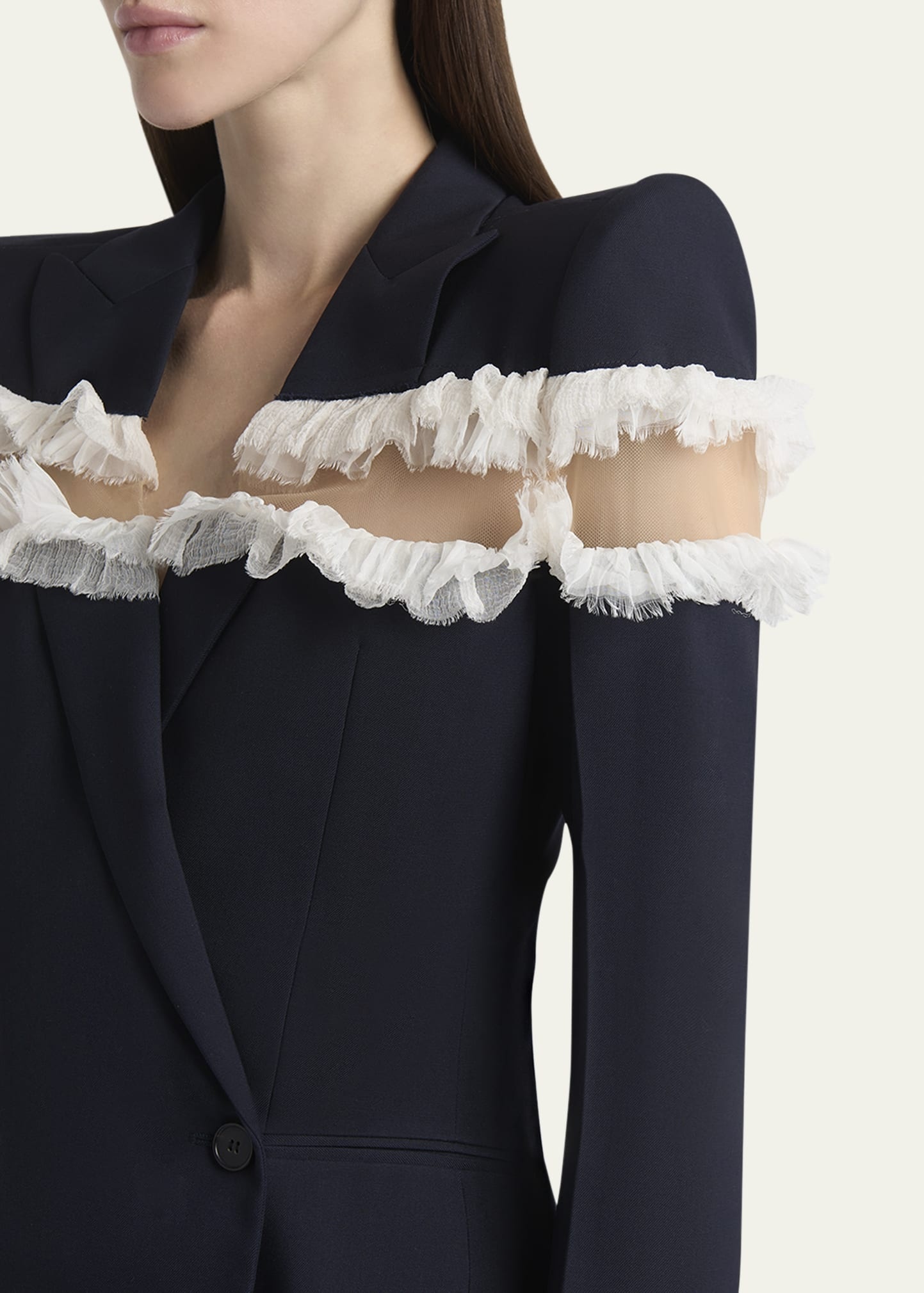 Ruffle Inset Single-Breasted Blazer - 5