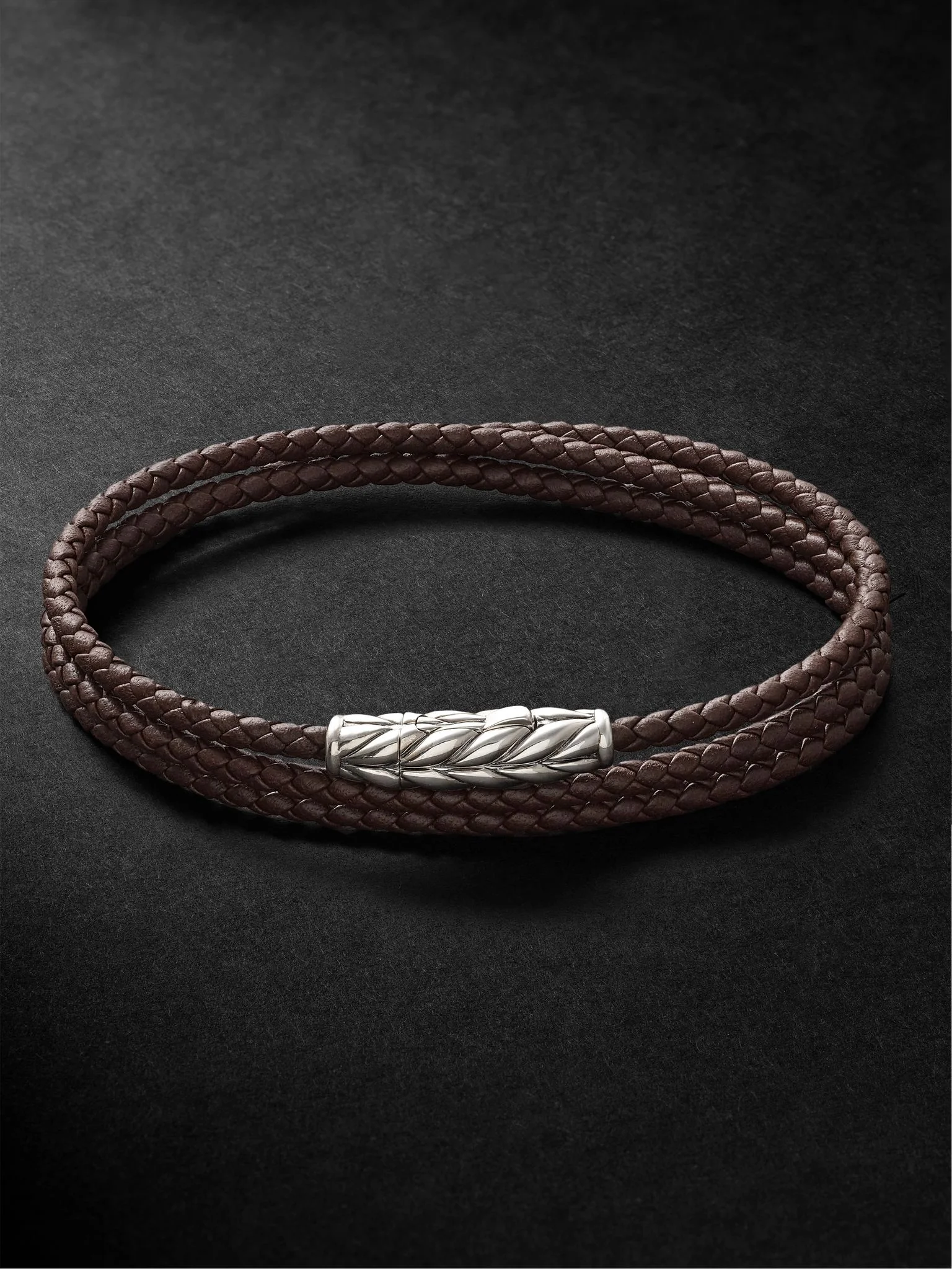 Chevron Braided Leather and Sterling Silver Wrap Bracelet Brown - 1