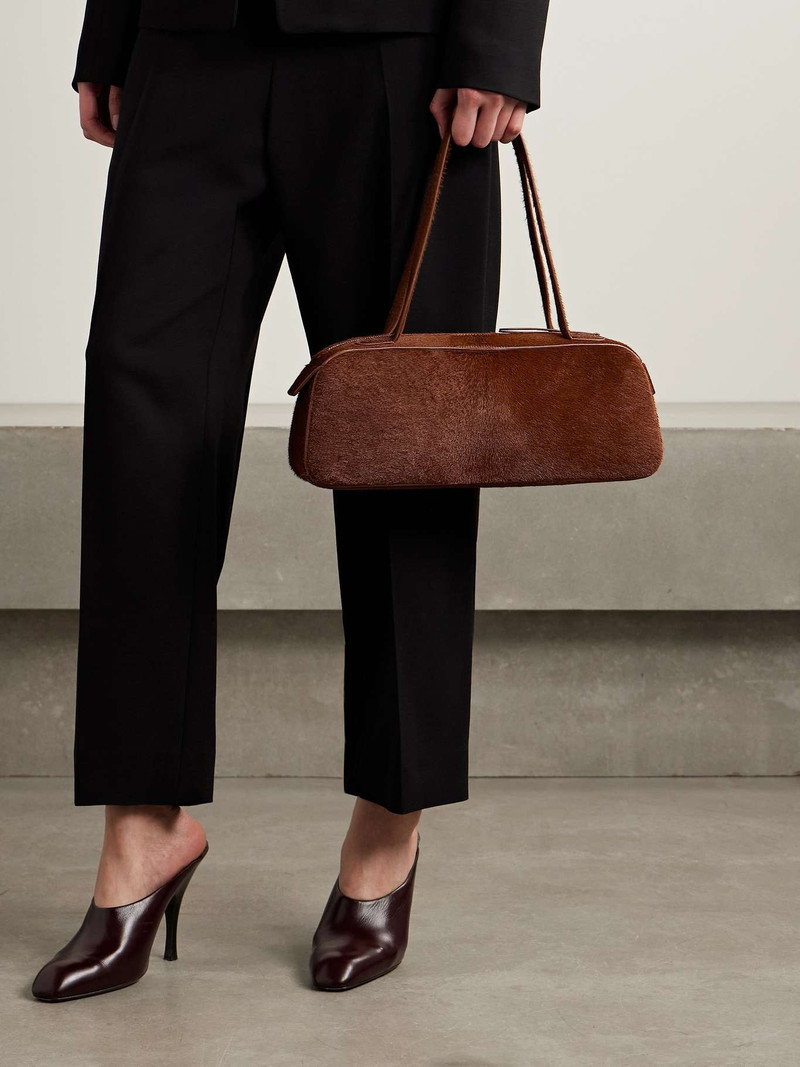 KHAITE Simona leather-trimmed calf hair shoulder bag Brick outlook