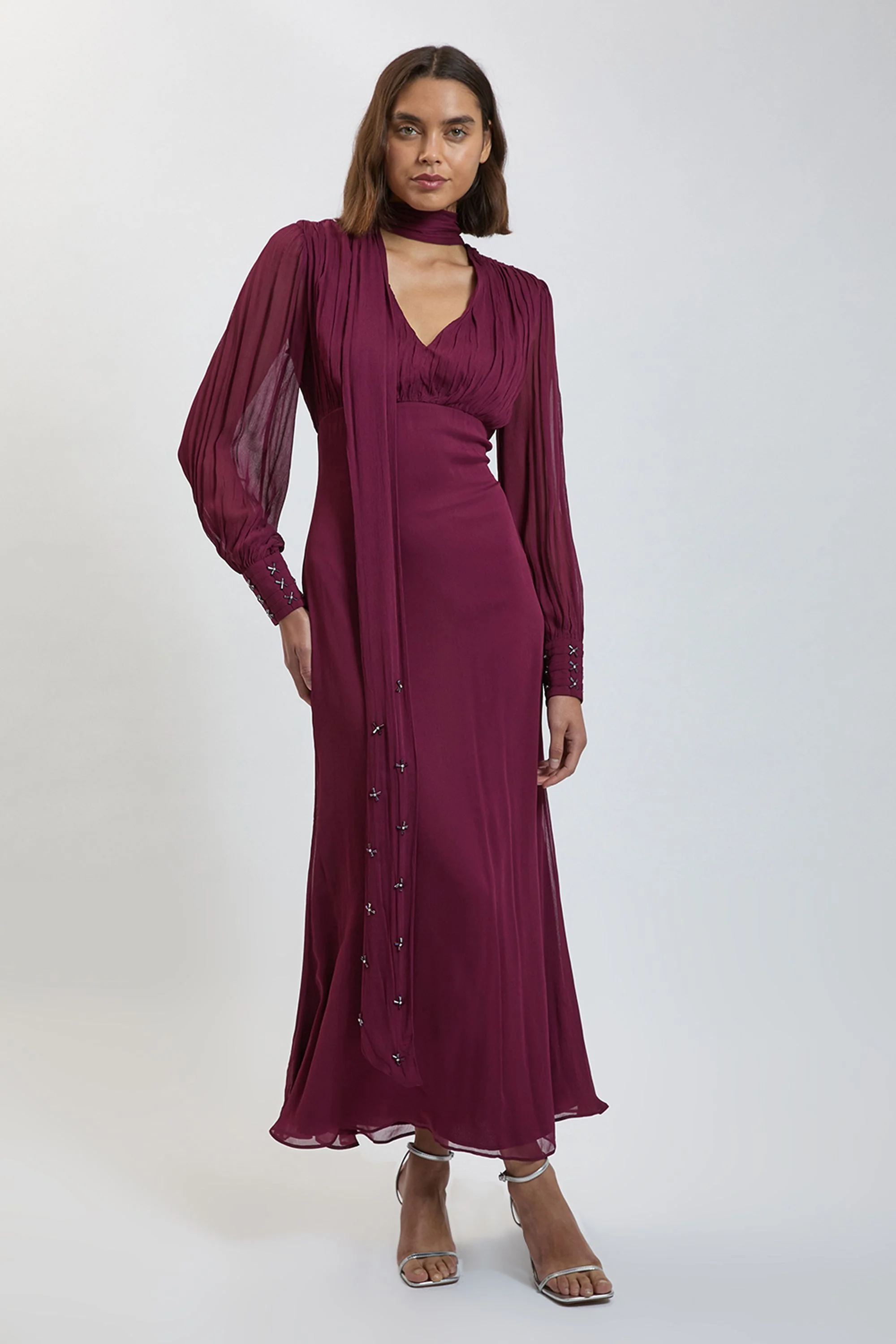 Viscose Crinkle Embellished Scarf Detail Maxi Dress - 1