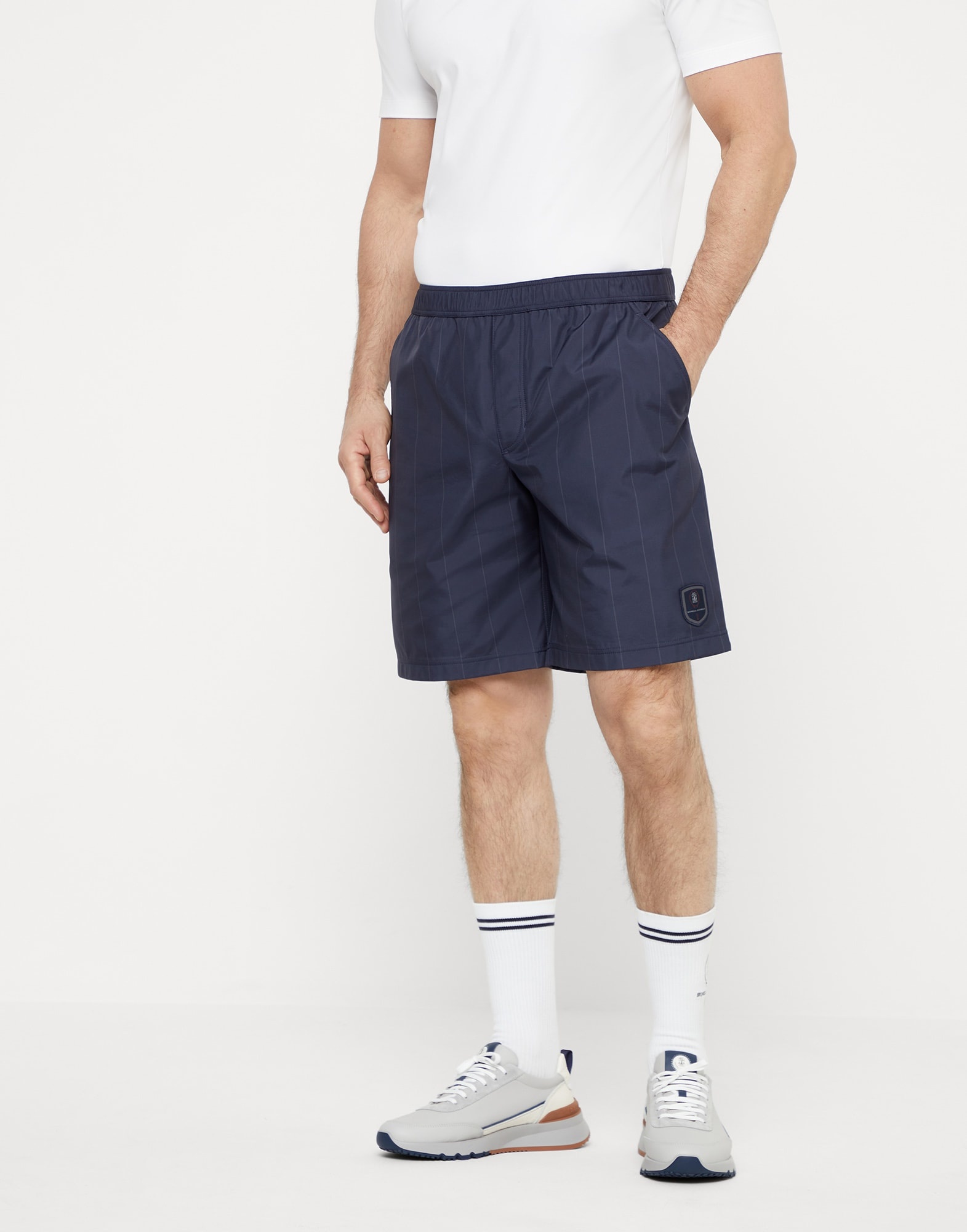 Chalk stripe nylon Bermuda shorts with tennis badge - 1