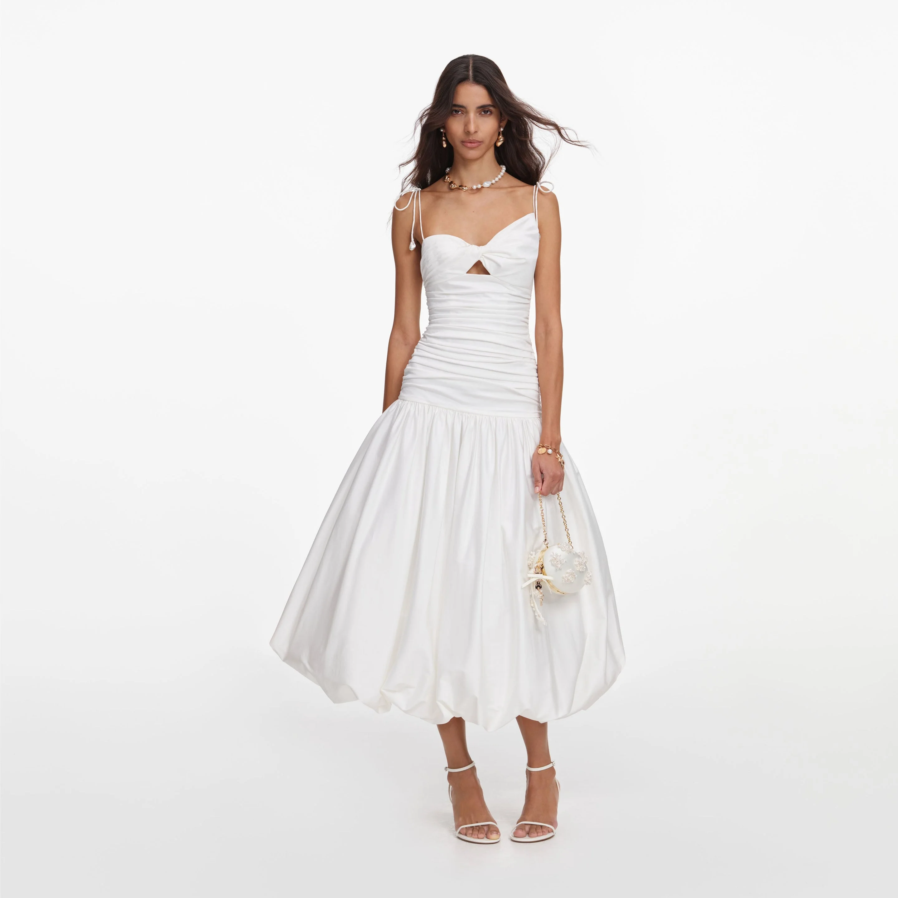 White Cotton Gathered Midi Dress - 1