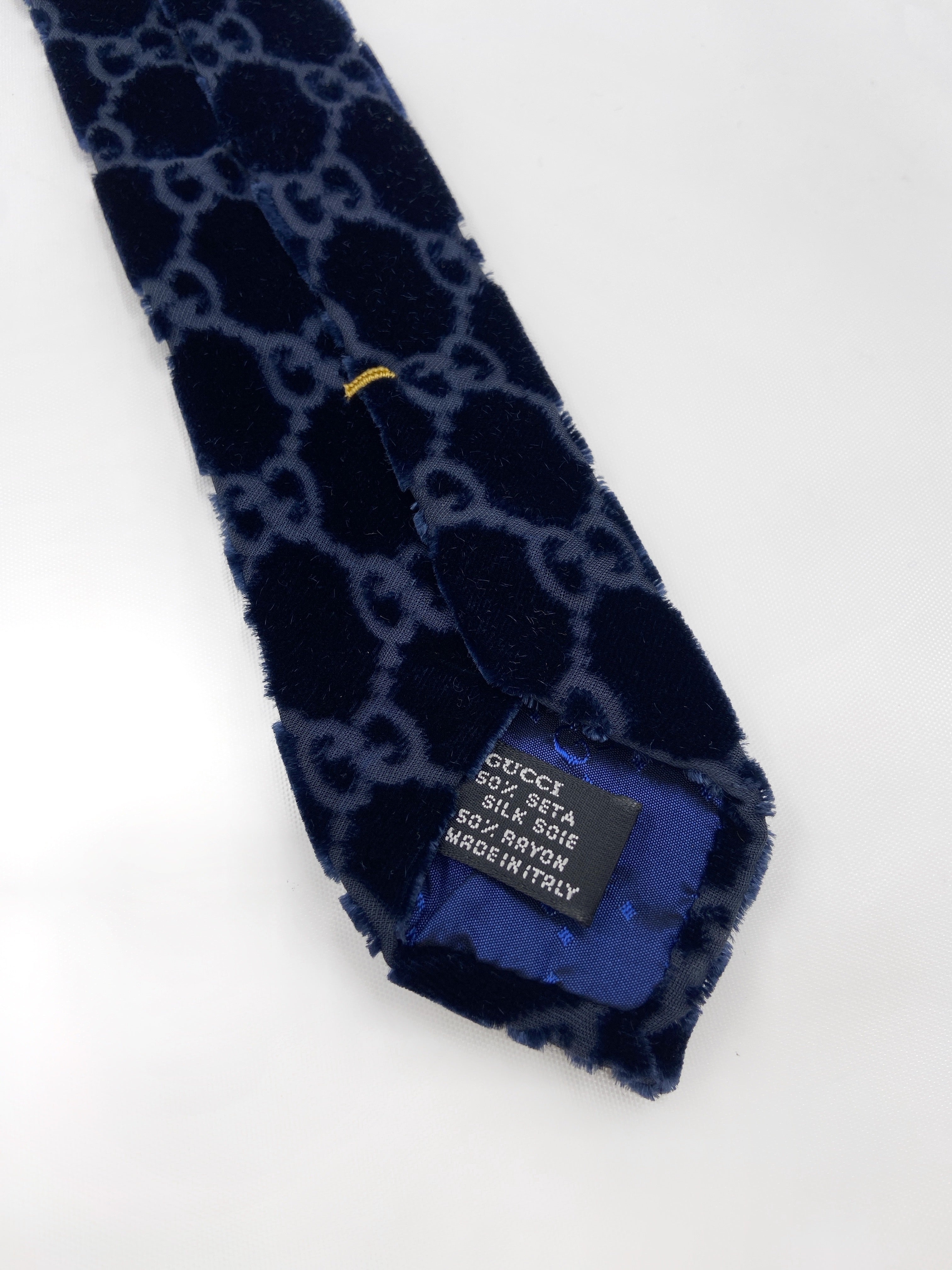 Gucci Fall 1997 Tom Ford Navy Monogrammed Velvet Silk Tie - 12