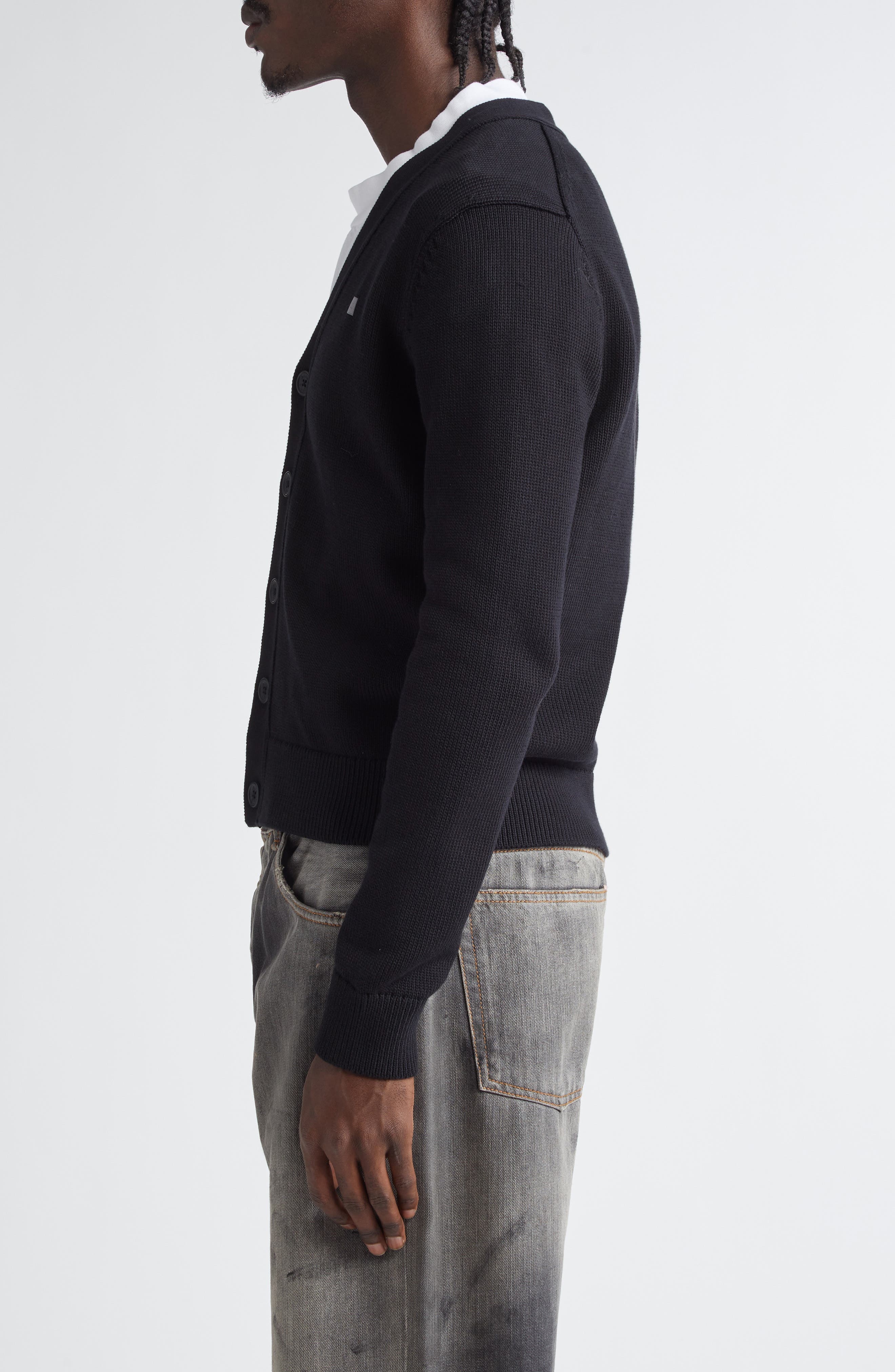 Acne Studios Keven Face Patch Cotton V-Neck Cardigan in Black at Nordstrom - 4