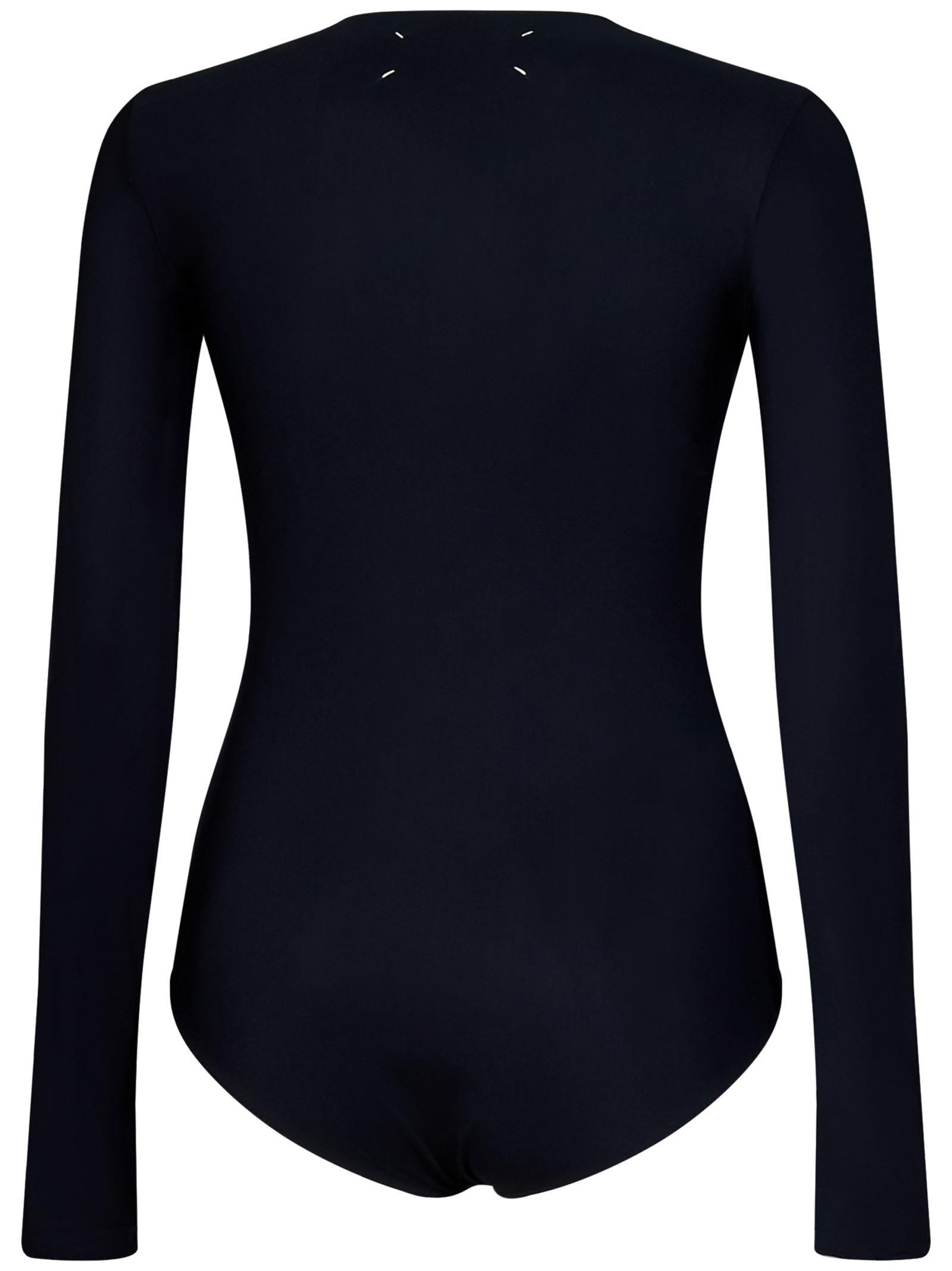 Black stretch lycra bodysuit with Four Stitches logo on the back of the neck. - 4