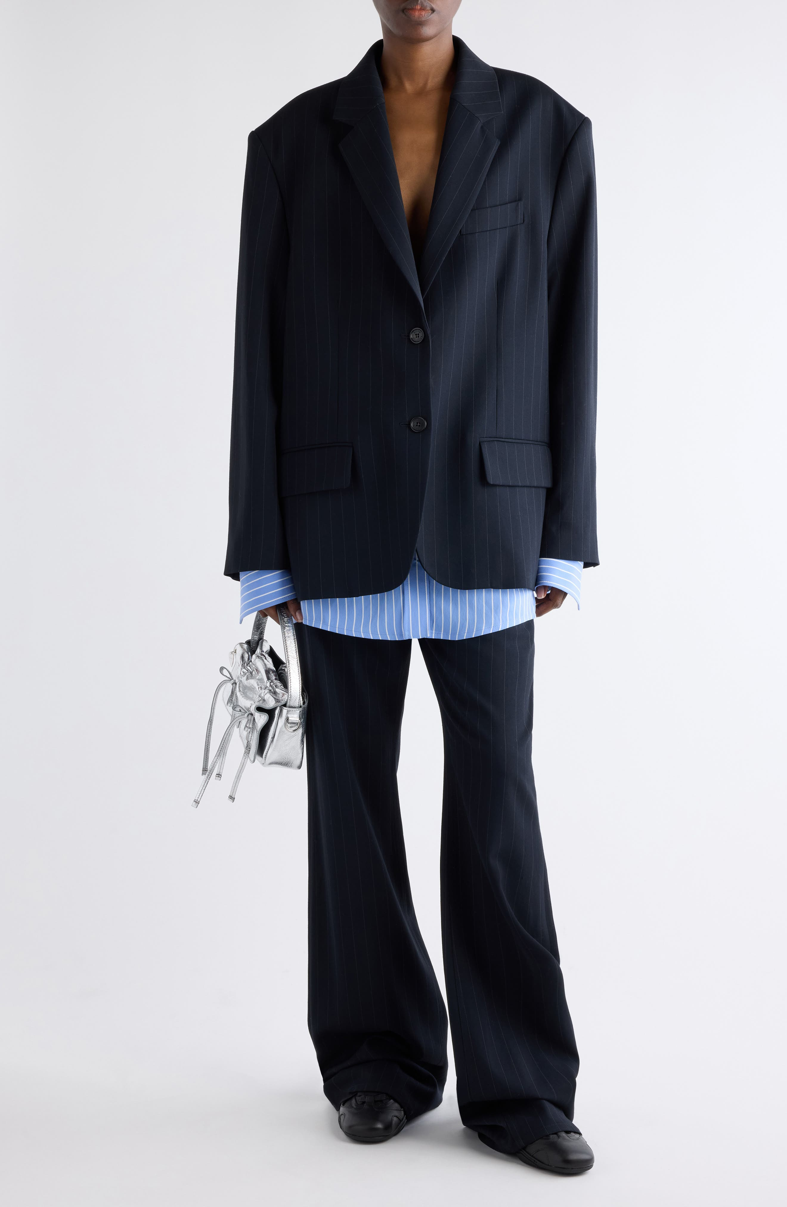 Acne Studios Julaga Layered Fluid Pinstripe Blazer in Navy at Nordstrom - 2