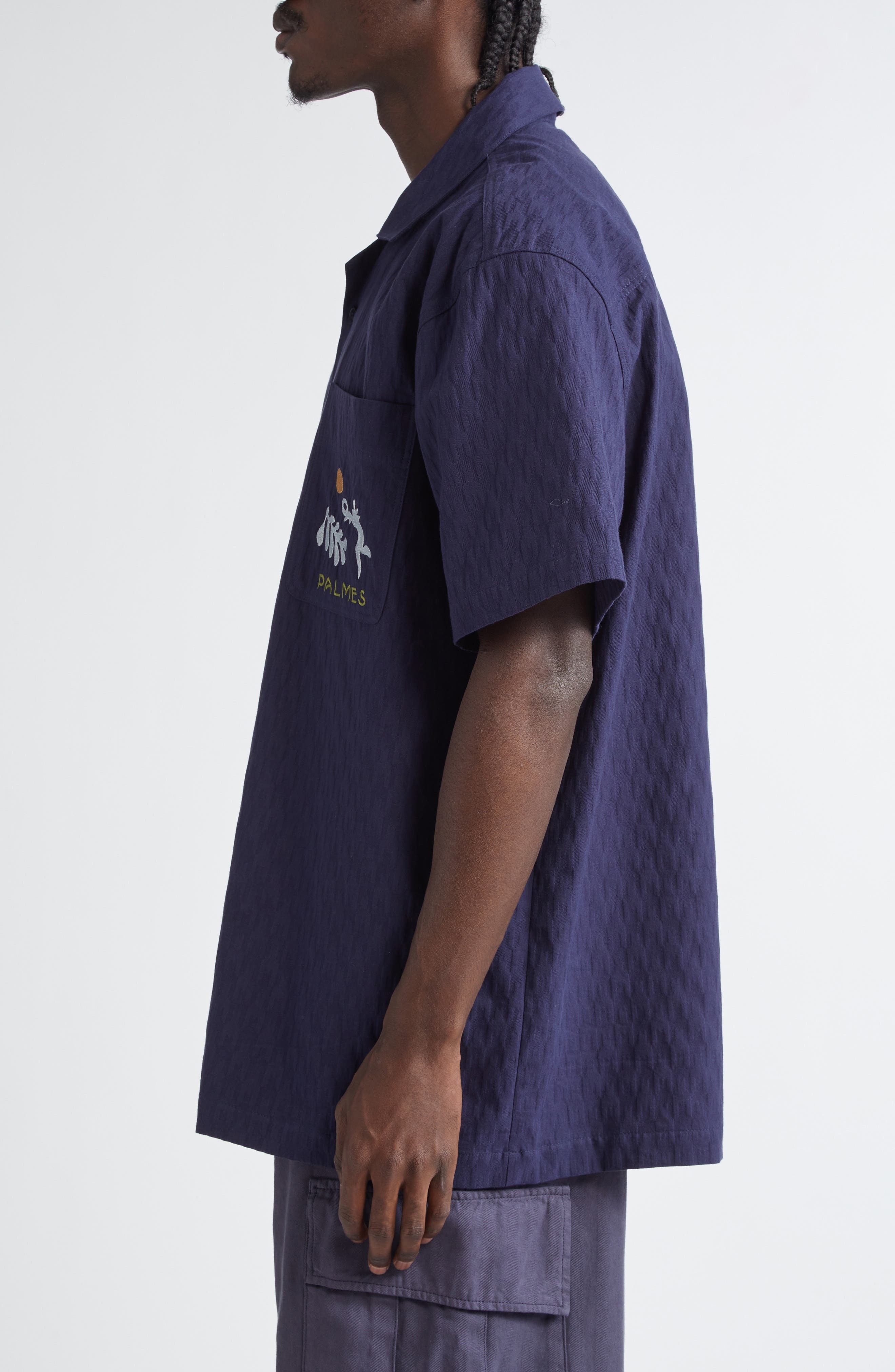 PALMES Garden Embroidered Cotton Camp Shirt in Dark Blue at Nordstrom - 4