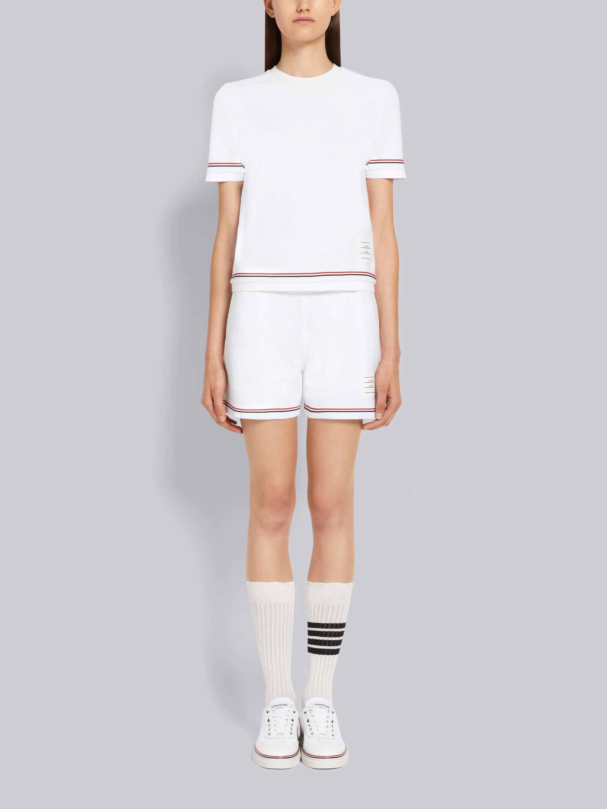White Ottoman Rib Stripe Hem Short Sleeve Sweatshirt - 4