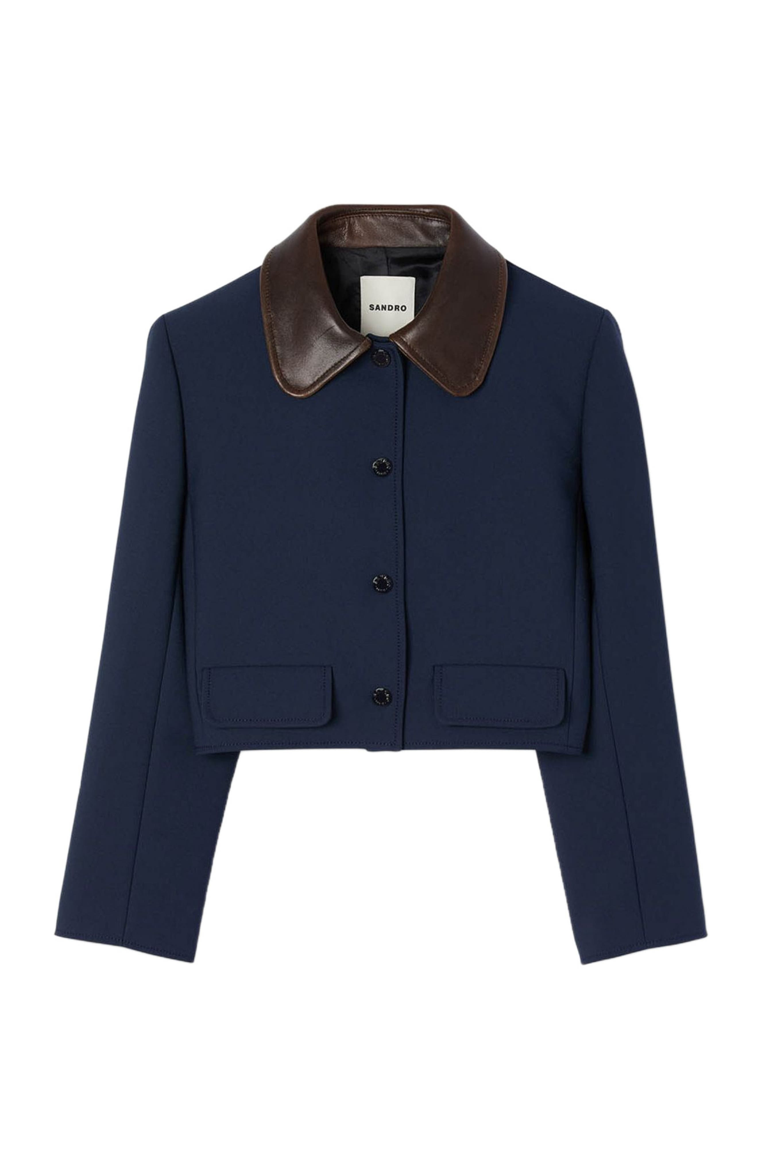 SANDRO Cropped jacket with leather collar in Navy Blue at Nordstrom - 5
