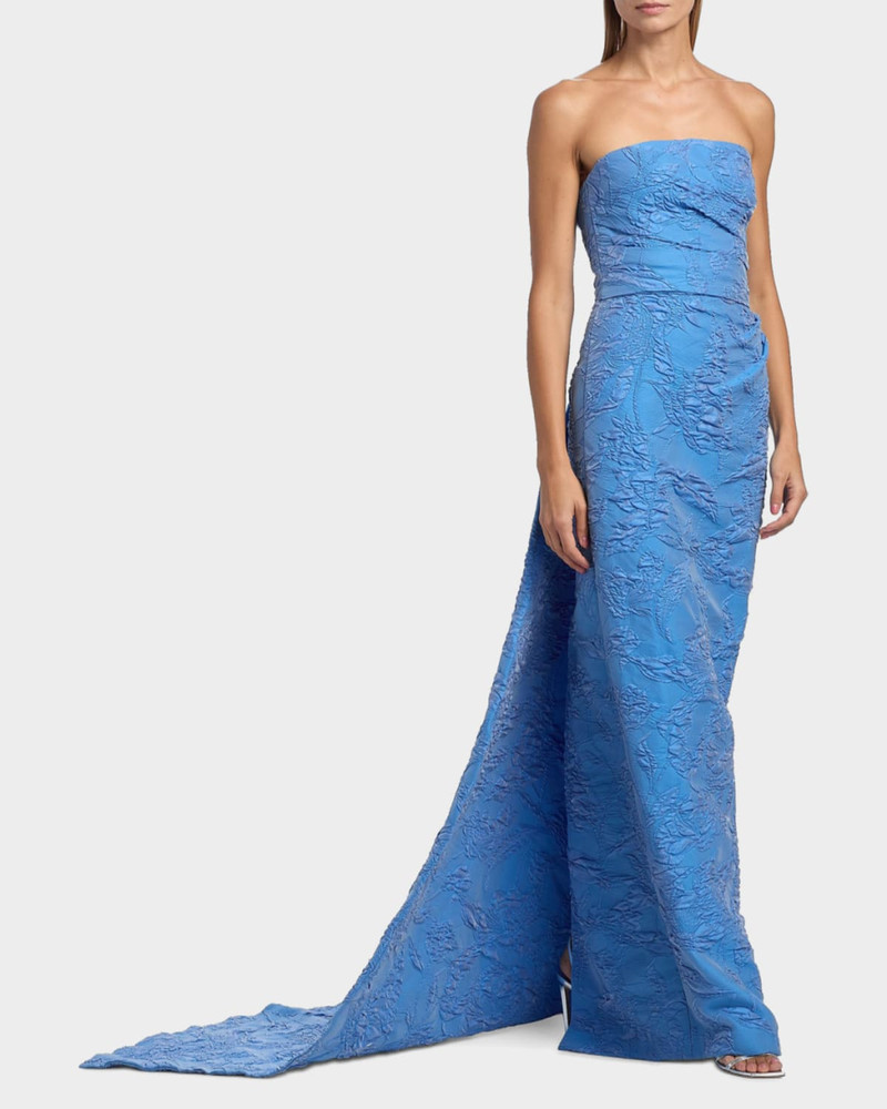 Monique Lhuillier Strapless Draped-Train Bubble Jacquard Column Gown outlook