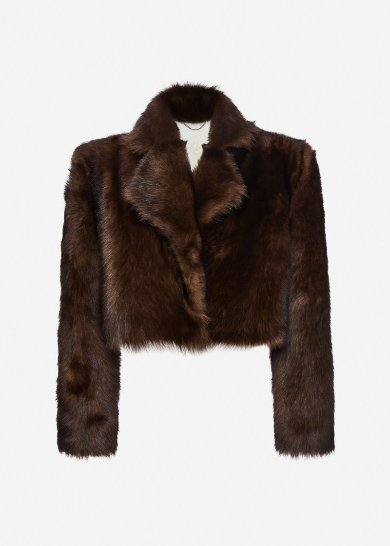 Cropped faux fur jacket in brown with embroidered lining 1