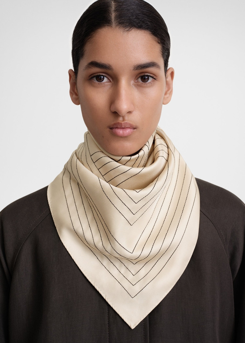 Striped embroidered monogram silk scarf creme 1