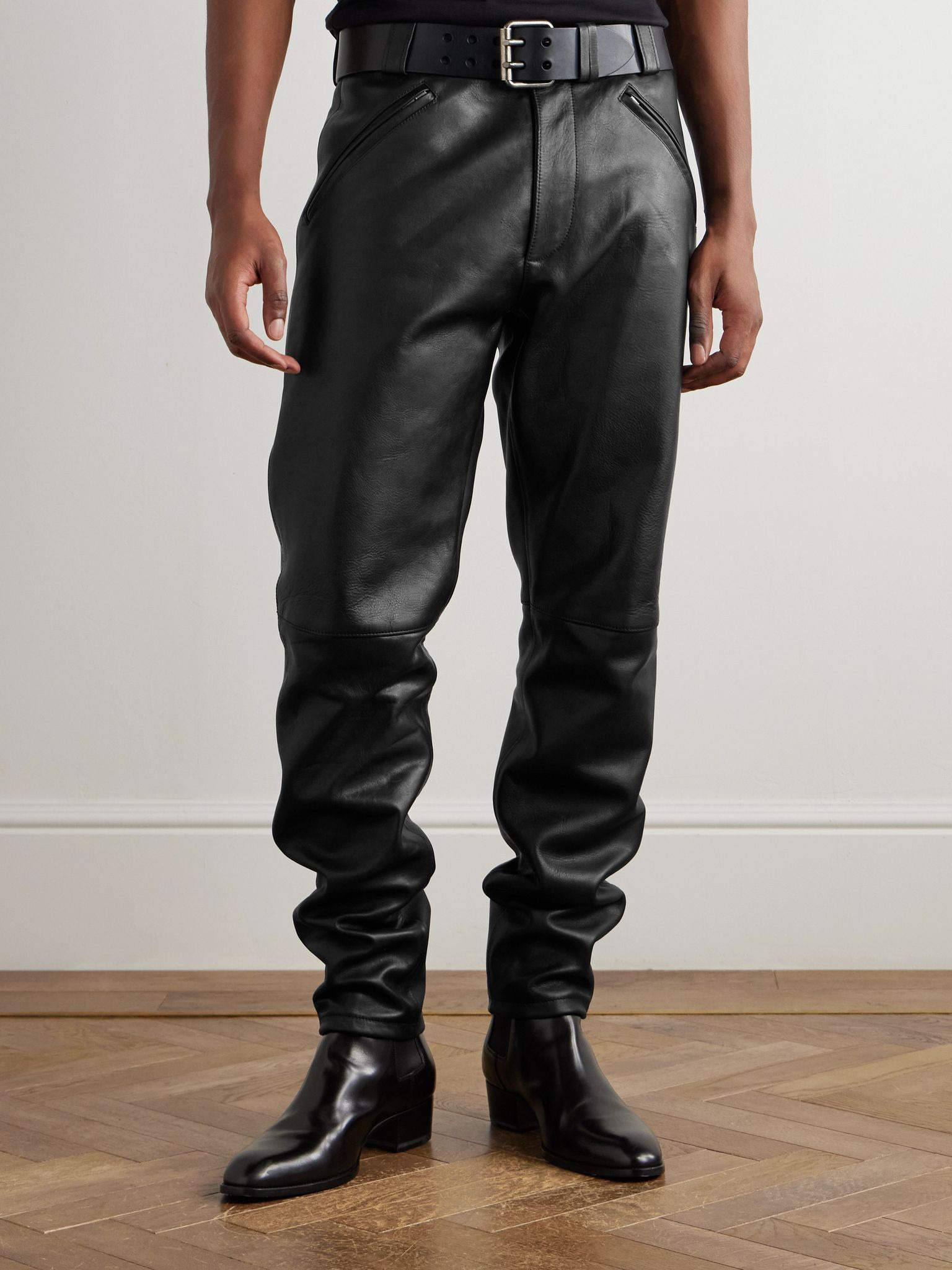 Tapered Leather Trousers Black - 3