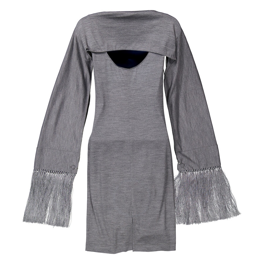 Burberry Cloud Grey Merino Wool Sleeveless Dress With Fringed Capelet - 3