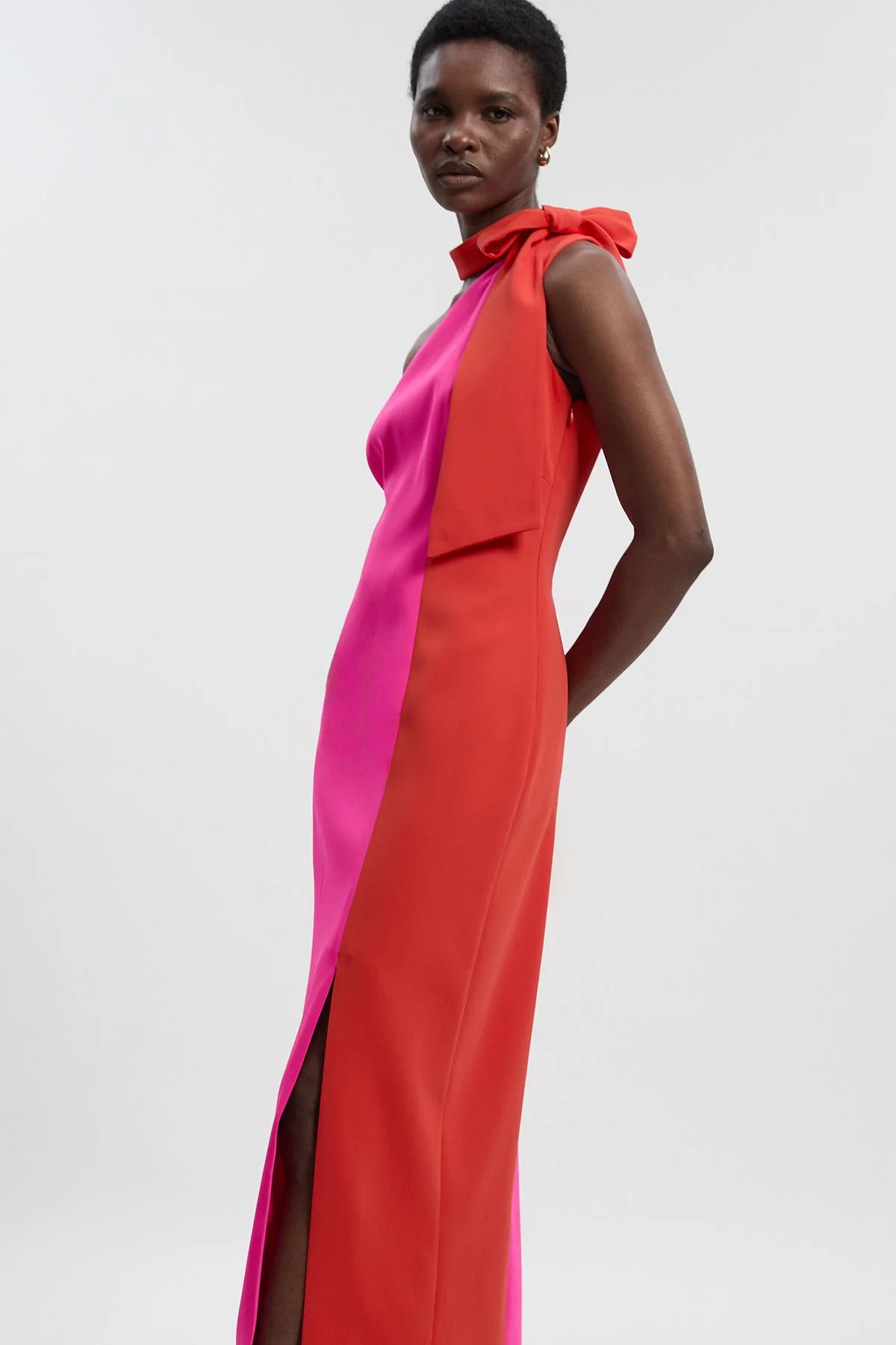 Petite Soft Tailored Colour Block Bow Tie Neck Midi Dress - 1
