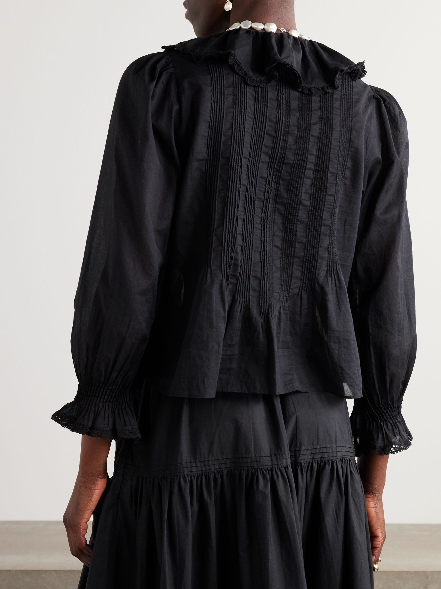 Hardy lace-trimmed ruffled pintucked organic cotton-voile blouse Black - 4