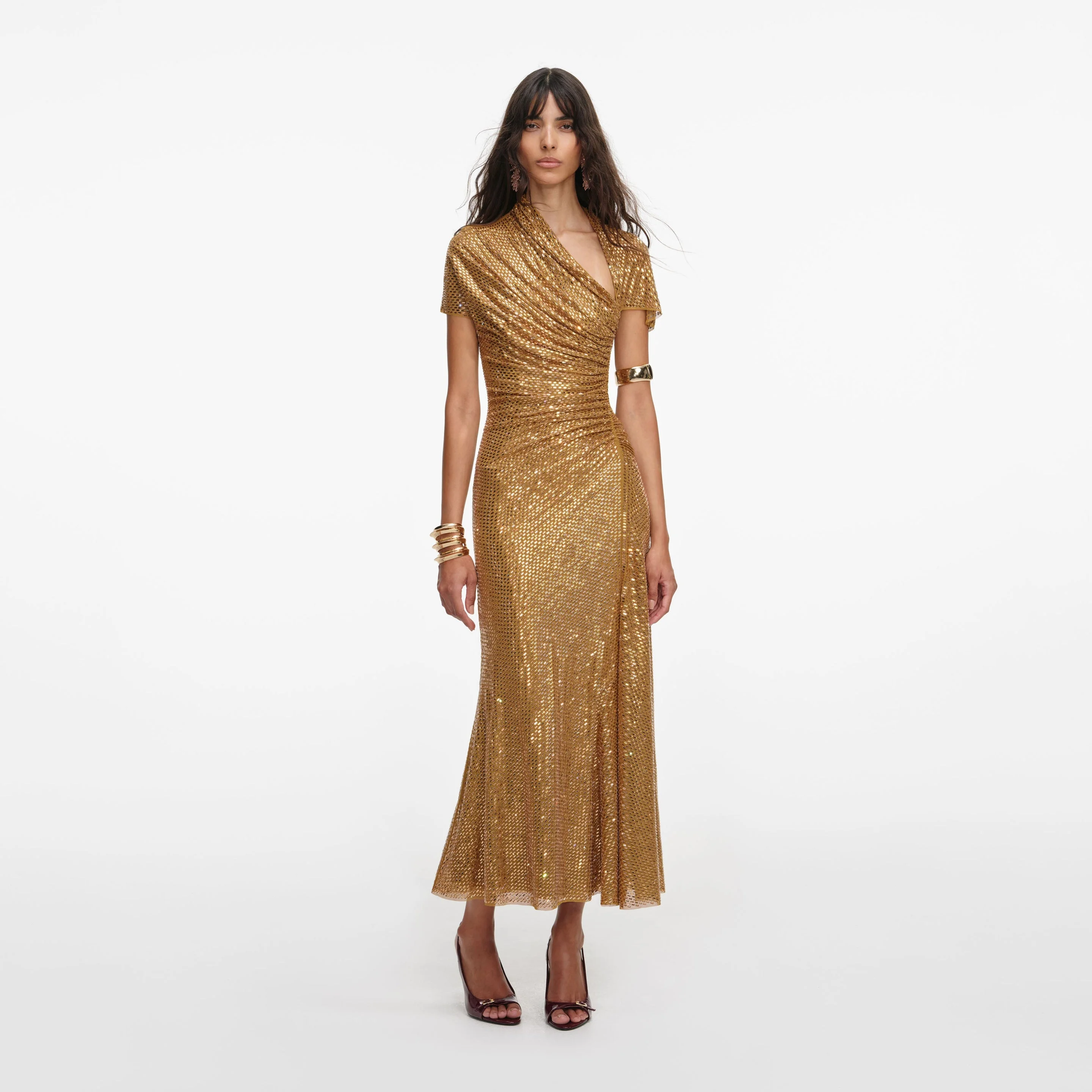 Gold Rhinestone Drape Midi Dress - 1