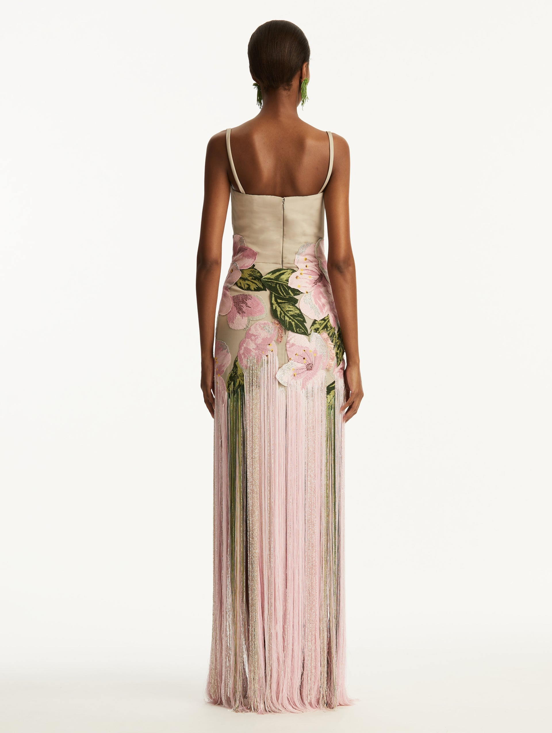 SLEEVELESS EMBROIDERED FAILLE GOWN WITH FRINGES - 3