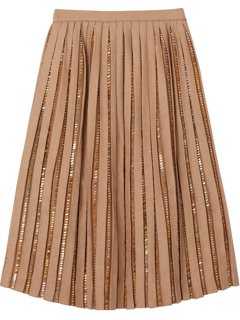 Crystal Detail Plissé Soleil Wool Silk Blend Skirt 1