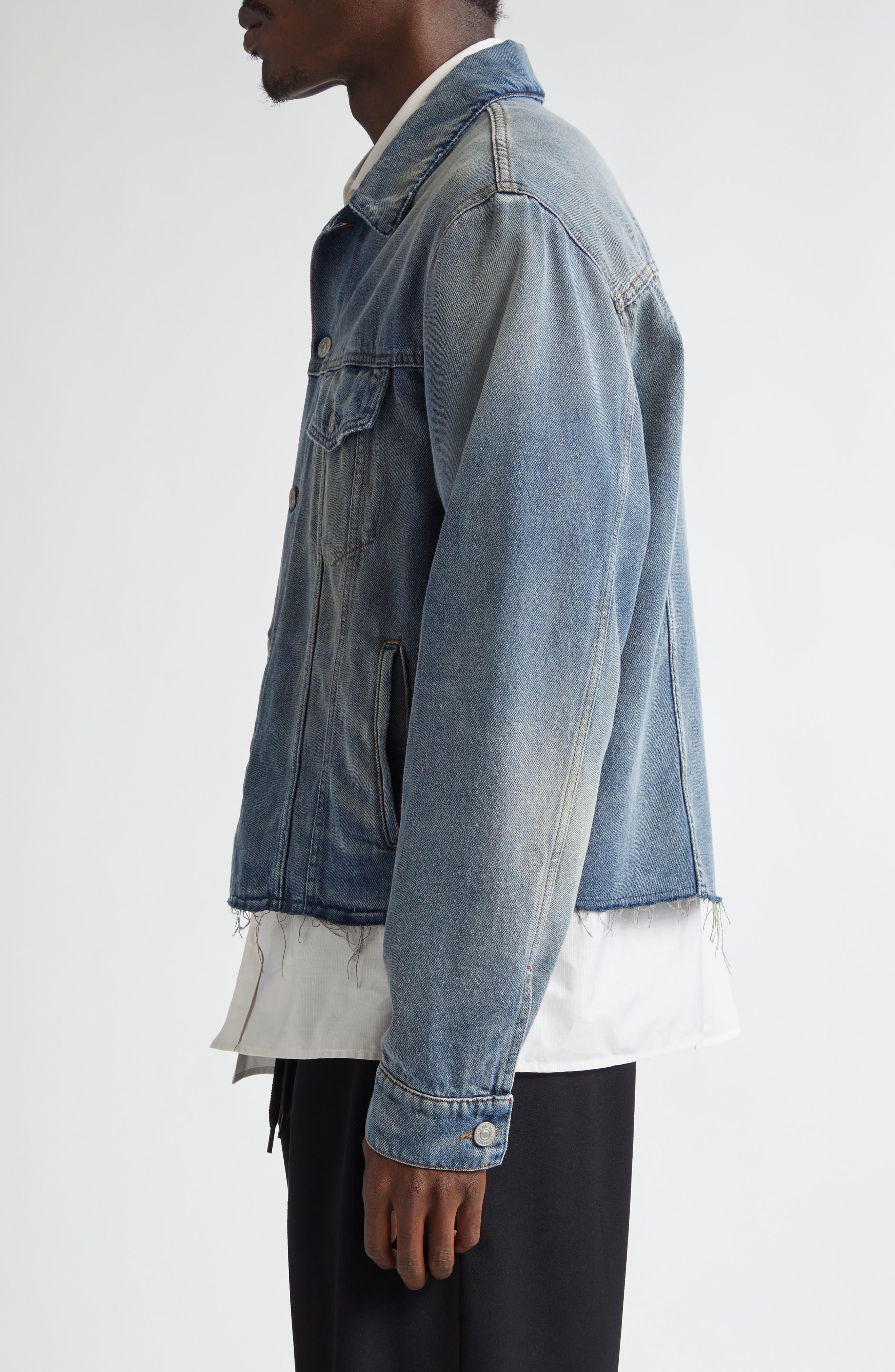 MM6 Maison Margiela Raw Hem Denim Trucker Jacket in Grey Blue at Nordstrom - 3
