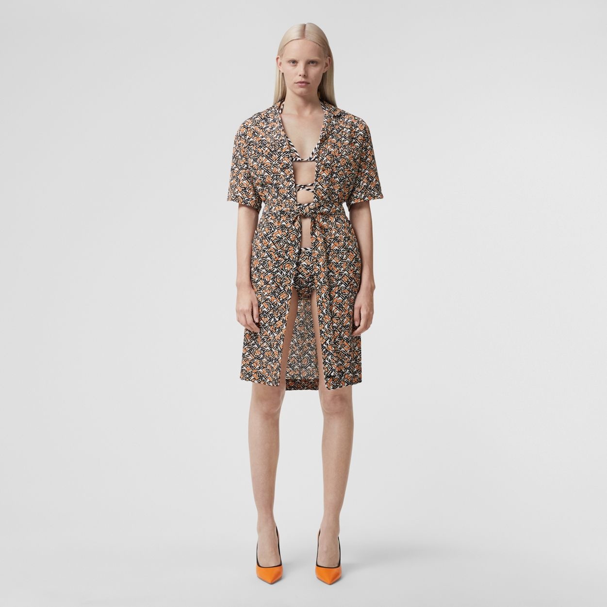 Short-sleeve Monogram Print Silk Shirt Dress - 2