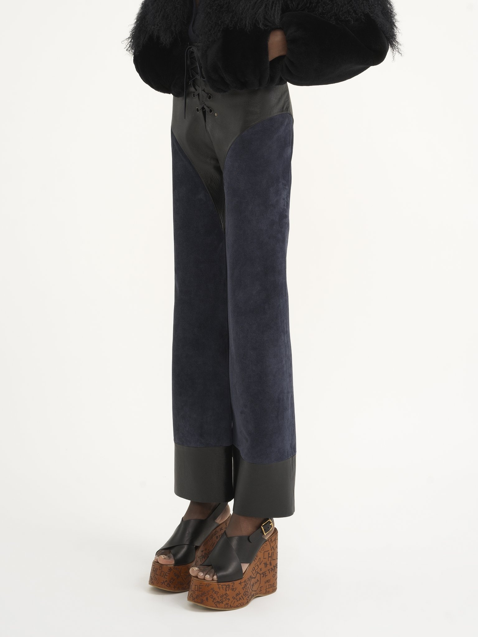LACE-UP FLARED PATCHWORK PANTS IN LEATHER - 4