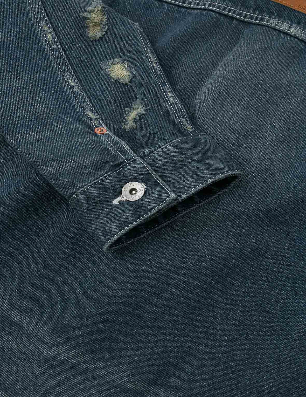 Distressed Seagull Print Relax Fit Washed Seagull Pocket Denim Jacket - 12
