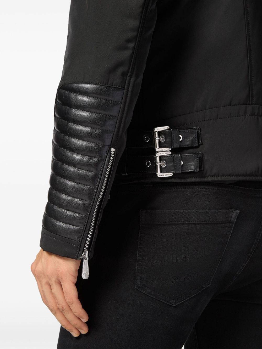 padded-detail leather biker jacket - 5