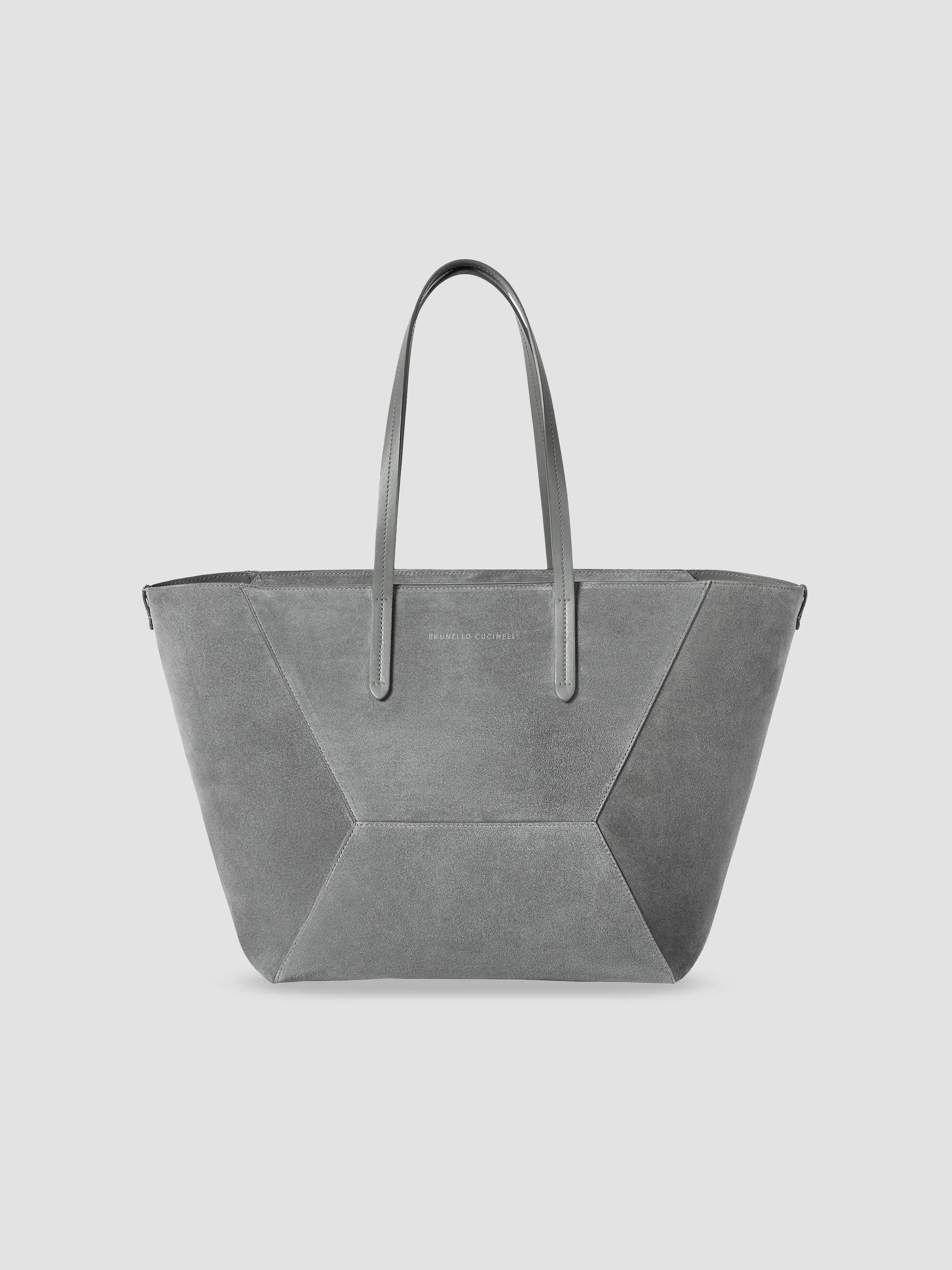 Women's Duo Tote Bag in Suede with Monili - Stone Grey - 1